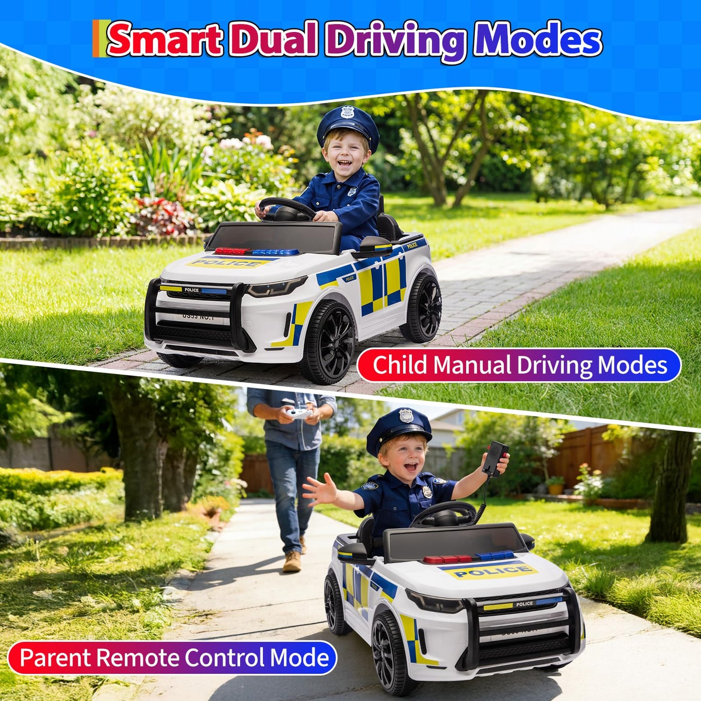 GarveeLife 12V Police Car Ride on Electric Car for Kids, Battery Powered Ride-on Toys with Remote Control, Speaker, Flashing Lights, Music, Headlights, Spring Suspension, Gift for Boy Girl 3-8, White