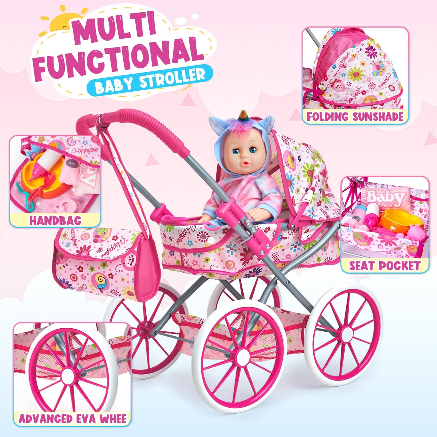 Golray 12 in Baby Doll Toys Set with Stroller for 3 4 5 6 Year Old Girl - 26pcs Babydoll with Accessories Quilt Pillow/Highchair/2 Clothes, Feeding Nursing Pretend Play Toddler Girl Toy Gift 3-5-7
