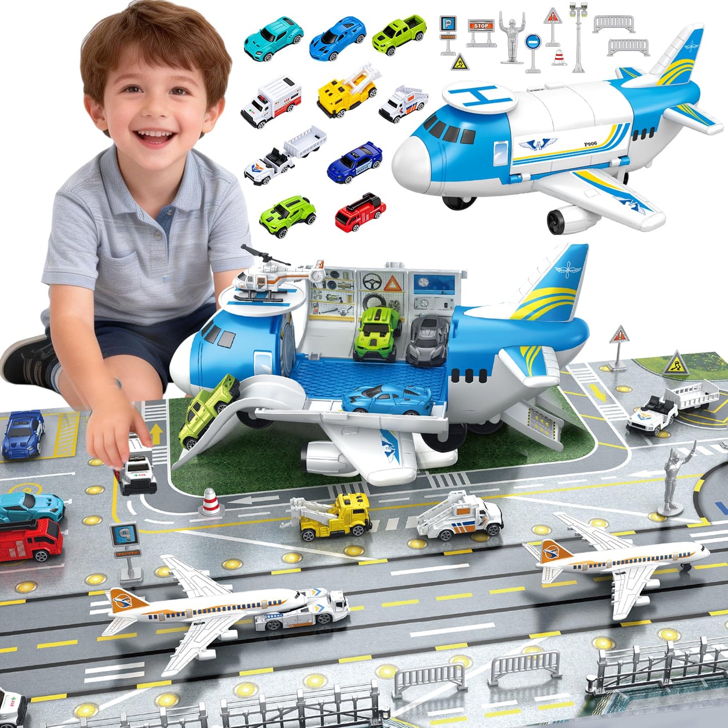 Airplane Toys for Toddlers 1-3-5,Toy Airplane Transport Aircraft with Cars & Helicopter & Play Mat & Stickers,Plane Toys for Boys Girls Age 1 2 3 4 5 6 7 Birthday