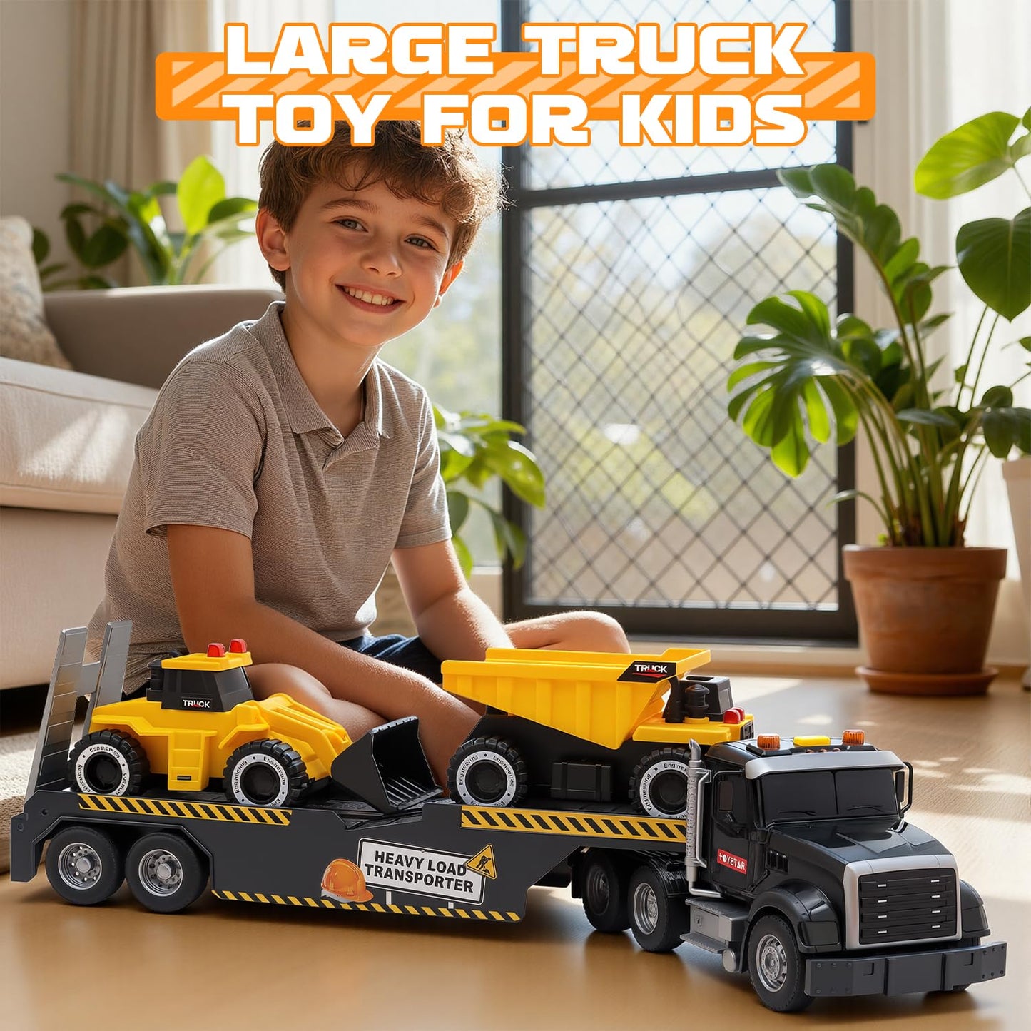 Construction Carrier Truck Toys,21" Semi-Trailer Toy with Excavator and Dump Toddler Boy Toys for 3 4 5 6 7 Years Kids Friction Powered Vehicle Car Toy with Lights & Sounds, Birthday for Boys Girls