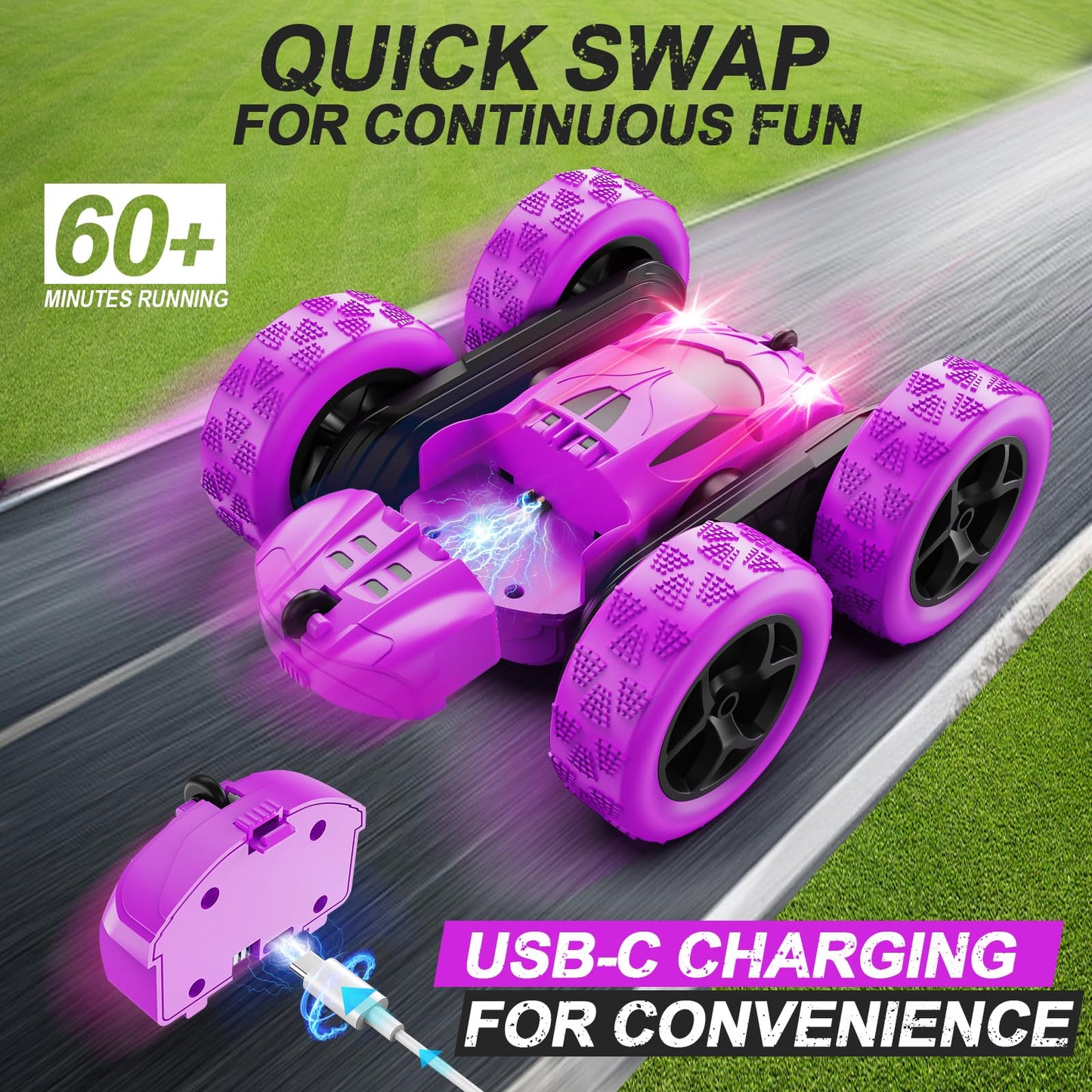 QUNREDA RC Cars, Purple Remote Control Car for Girls, 2.4 GHZ Double Sided RC Stunt Car 360° Rotating Remote Control Crawler with Headlights Car Toys for 6 7 8 9 10 11 12 Girls Birthday Gift