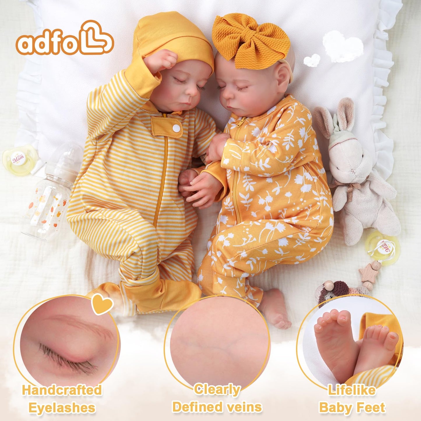 ADFO Lifelike Reborn Baby Dolls Twins, 20 inch Realistic Newborn Real Life Baby Boy Girl Dolls Soft Vinyl Baby Dolls with Clothes and Toy Gift for Kids Age 3+