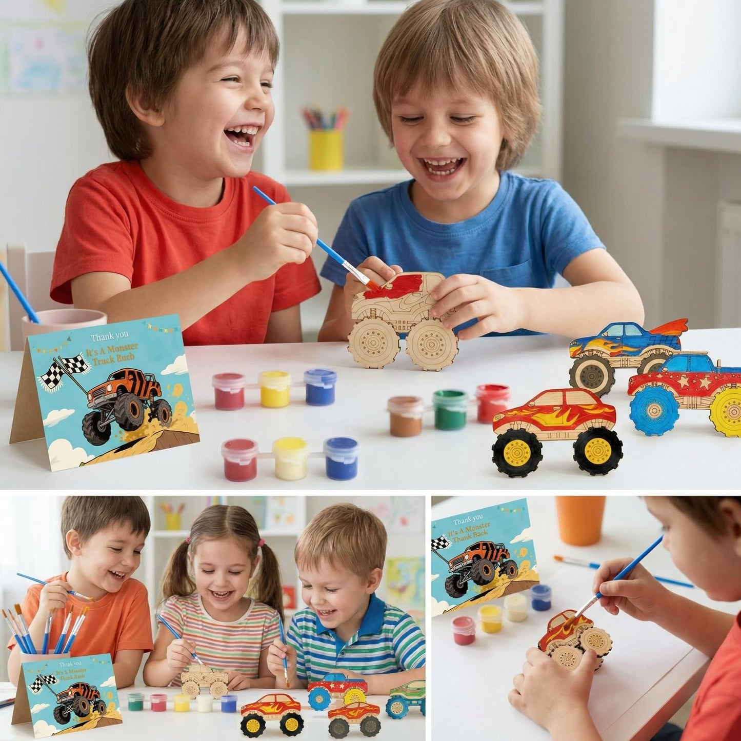 WORGO 24 PCS Monster Truck Party Favors, DIY Painting Kits with 6 Unique Wooden Trucks, Crafts for Kids Ages 4-8 Birthday Party Interactive Game and Goodie Bag Fillers