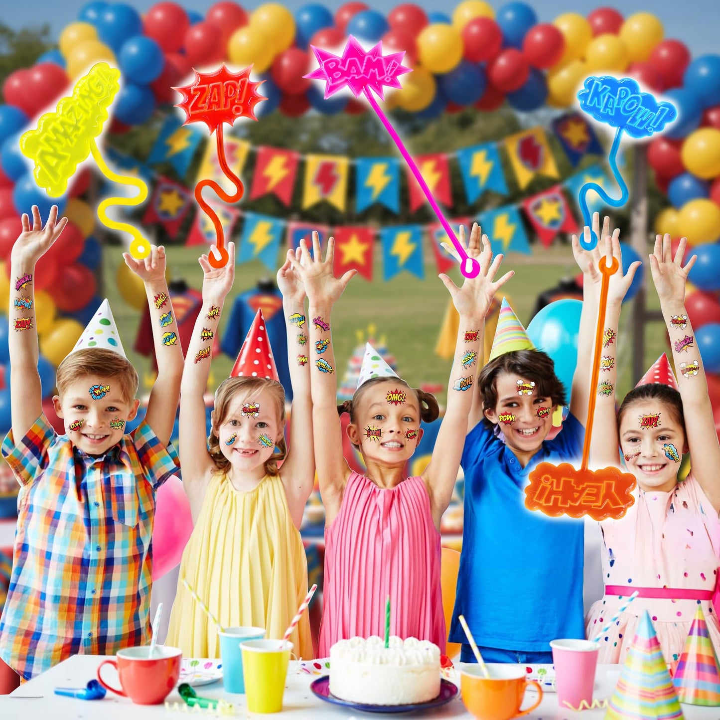 48PCS Hero Pow Party Favors - 24PCS Temporary Tattoos & 24PCS Stick Hands Party - Perfect Birthday Party Supplies, Goodie Bag Stuffers, Treasure Box Toys, Classroom Prizes, and Student Gifts