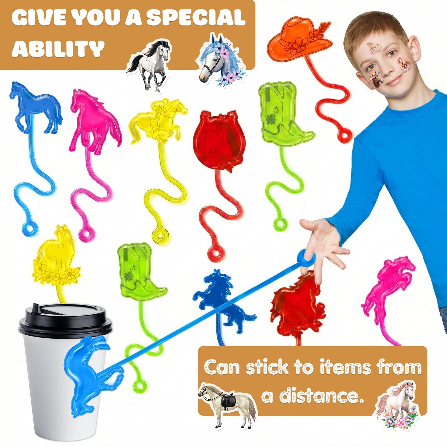 48PCS Horse Party Favors - 24PCS Temporary Tattoos & 24PCS Stick Hands Party - Perfect Birthday Party Supplies, Goodie Bag Stuffers, Treasure Box Toys, Classroom Prizes, and Student Gifts
