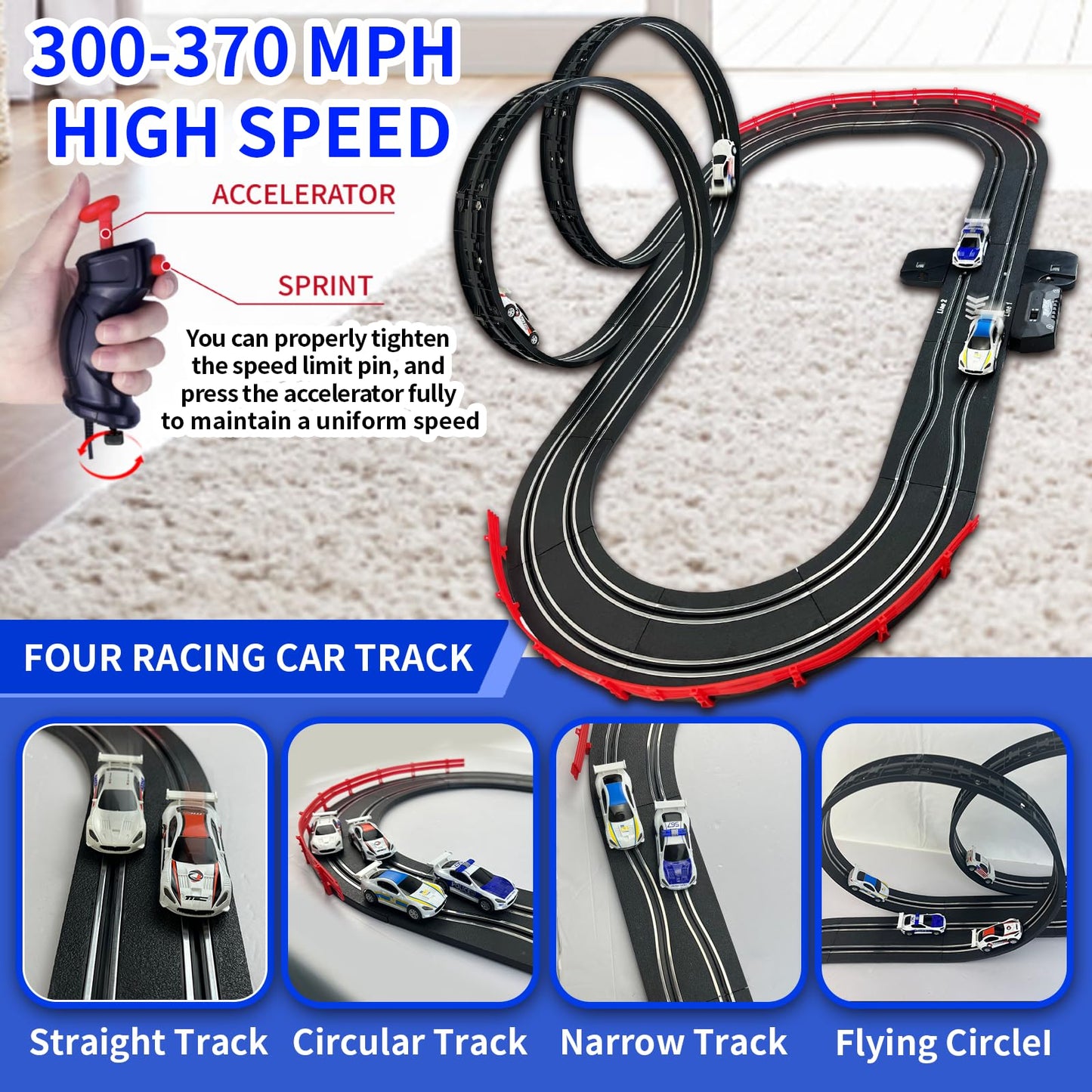 AGM MASETCH Slot Car Racing Track Set with 4 Unique Slot Cars, Battery Powered or Electric Car Track, Gift Toys for Boys Girls 4-12 Years Old