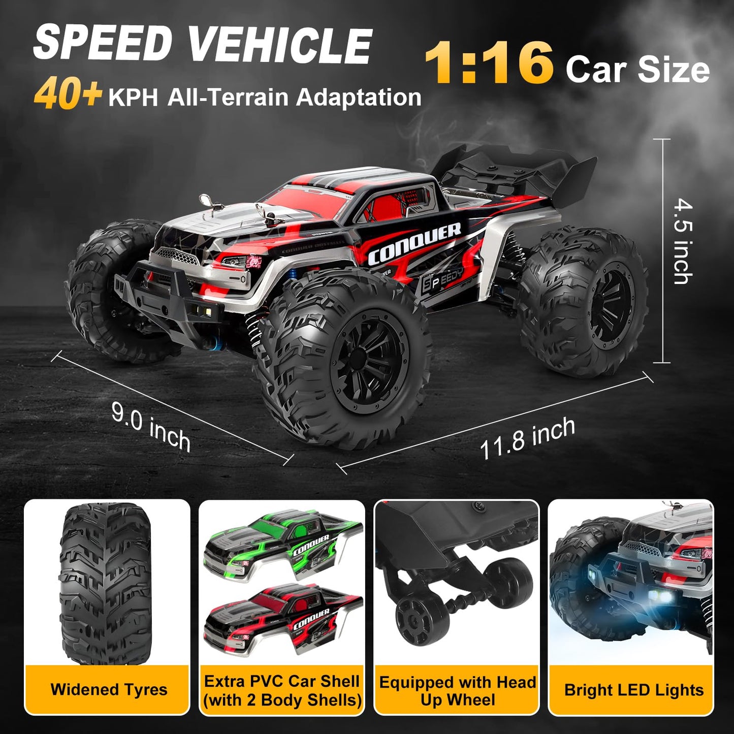 TWIKOMI 1:16 Scale All-Terrain RC Car for Adults - 40+KM/H High Speed 4WD Off-Road Remote Control Truck with 2 Rechargeable Batteries, 2.4GHz Electric Toy Vehicle Gift for Teens and 14+ (1:16 Scale)