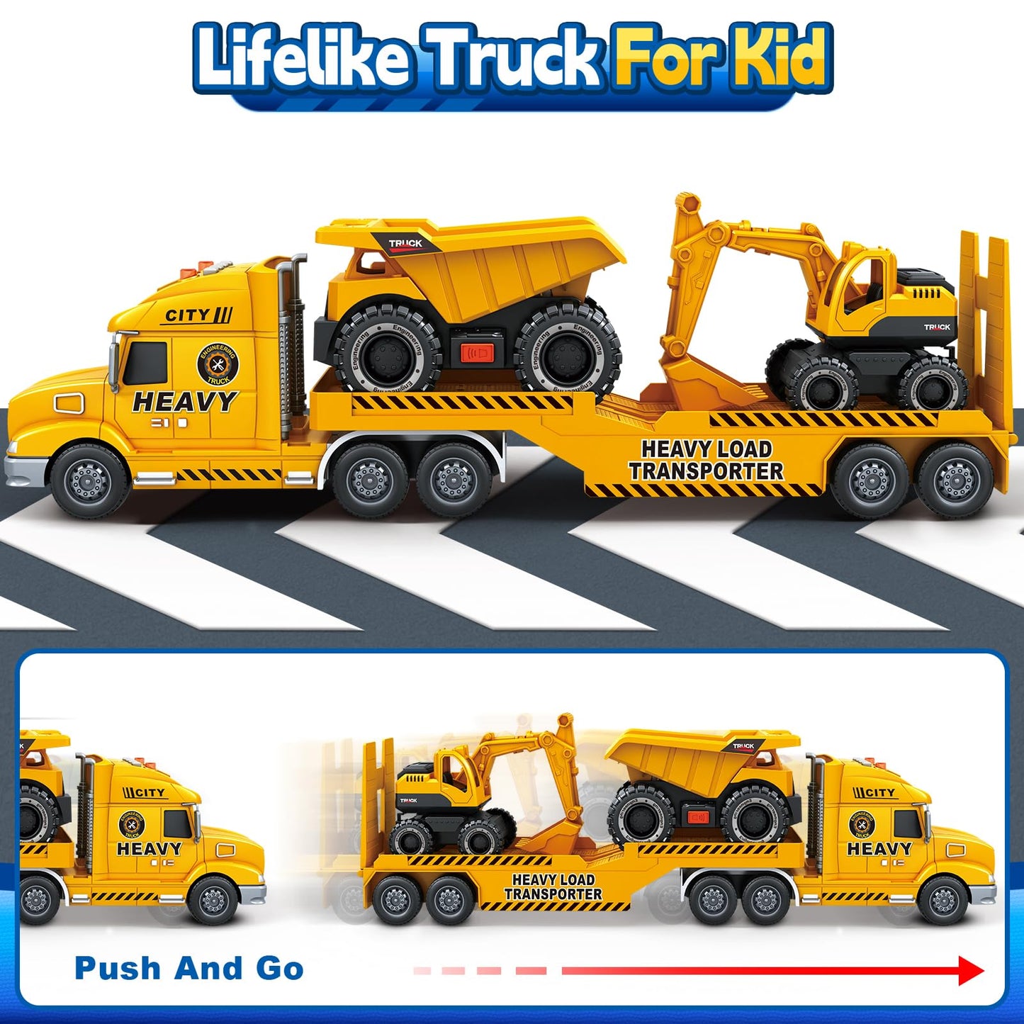 Bstoyder Toddler Boy Toys for 3 4 5 6 7 Years Kids, 27" Semi Construction Carrier Truck Toy with Excavator and Dump Truck, Friction Powered Toys with Lights and Sounds, Birthday for Boy Girls