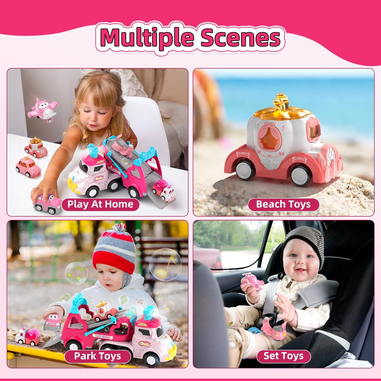 usrela Truck Toys for 2 3 Year Old Girl, 7-in-1 Carrier Truck Car for Toddler Girl, Toys Cars Age 2-3-4 with Light & Music, Birthday Gifts for 2+ 3+ Year Old Girls