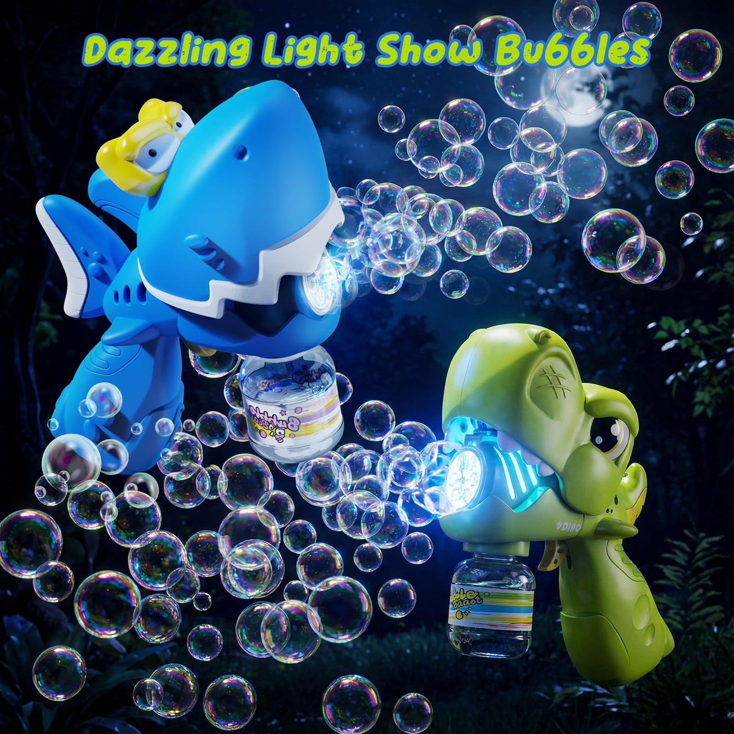 Bubble Guns for Toddlers 1-3, 2 Pack Movable Mouth Dino & Shark Bubble Machine Toys, Chomping Action Automatic Bubble Blaster w/LED Lights & 10 Refills, Rechargeable Outdoor Party Gifts for Ages 3-8