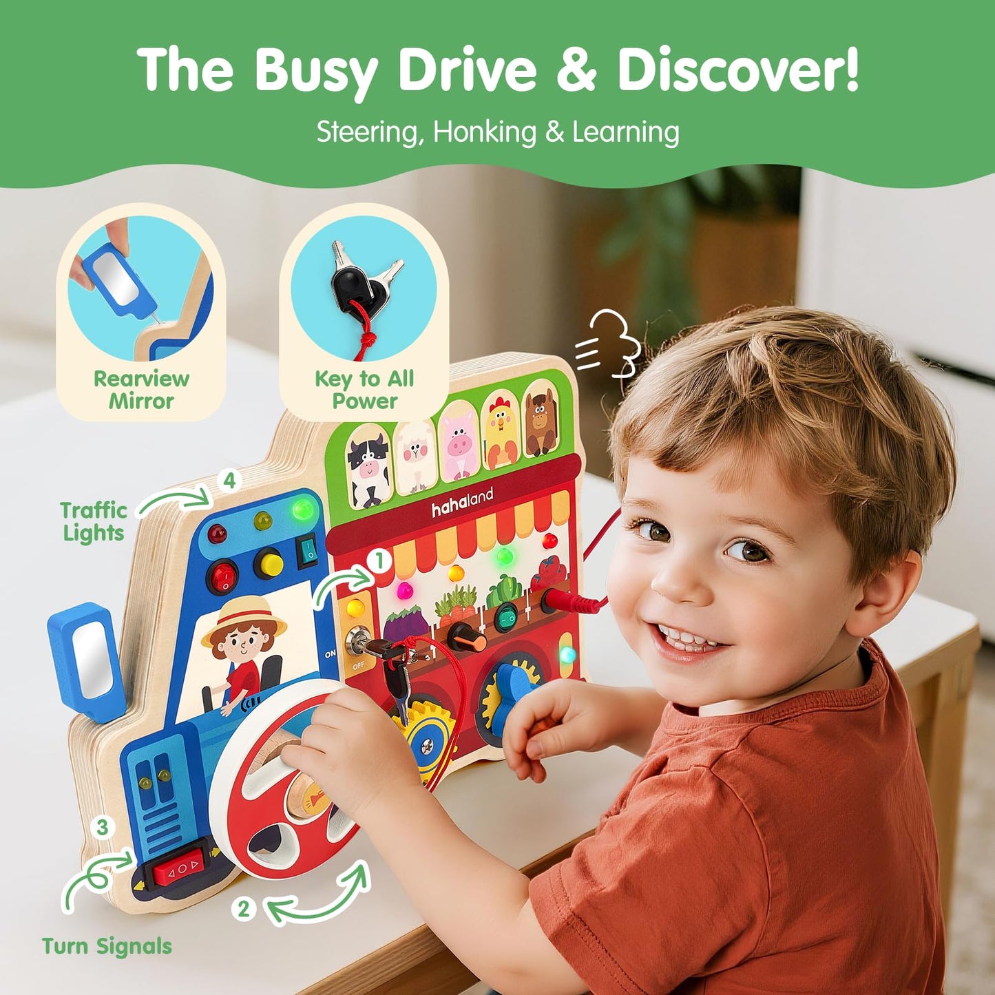hahaland Montessori Busy Board for Toddlers 3-5, 18-in-1 Wooden Sensory Activity Board with LED Lights & Switches, Educational Montessori Toy for Fine Motor Skills, Kids Gift