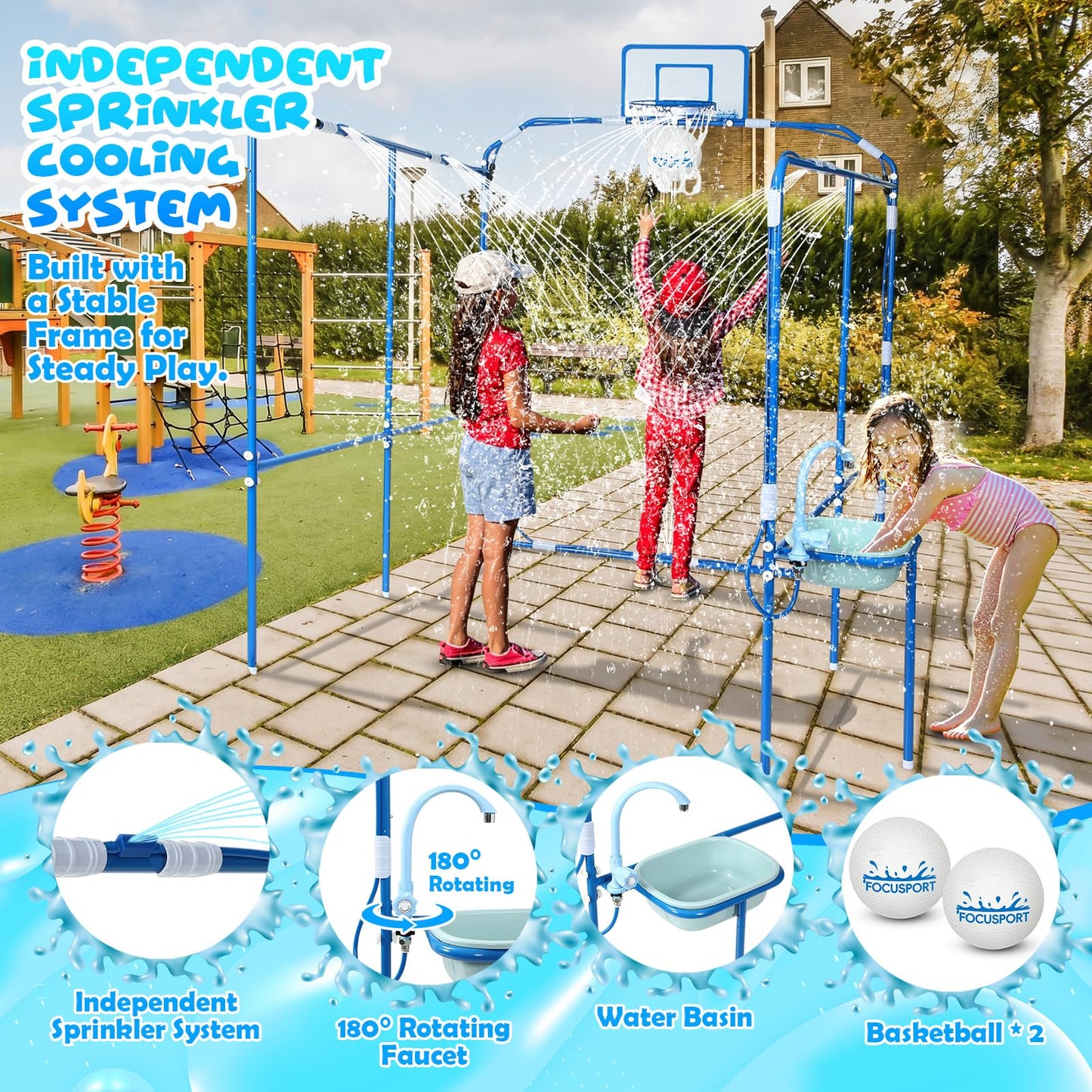 Focusport Backyard Water Park & Basketball Game Set, Heavy-Duty Steel Water Park Sprinkler Toy Game with 2 Basketballs, Water Basin & Faucet, Outdoor Summer Water Fun Play Toys for Kids & Family