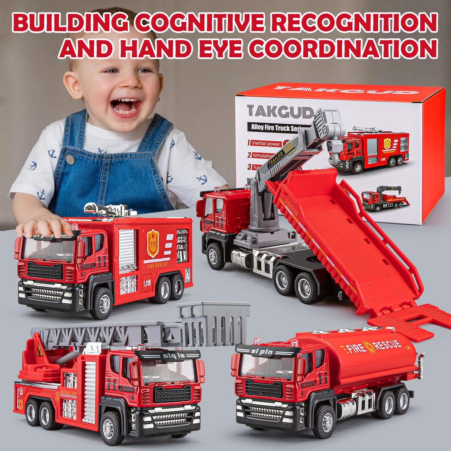TAKGUD 4 Packs Metal Fire Trucks Playsets, Mini Friction Powered Vehicle, Including Fire Engine, Ladder Truck, Die-cast Tank, Tow, Realistic Design for Toddlers Boys, Kids Aged 3+ Years Old