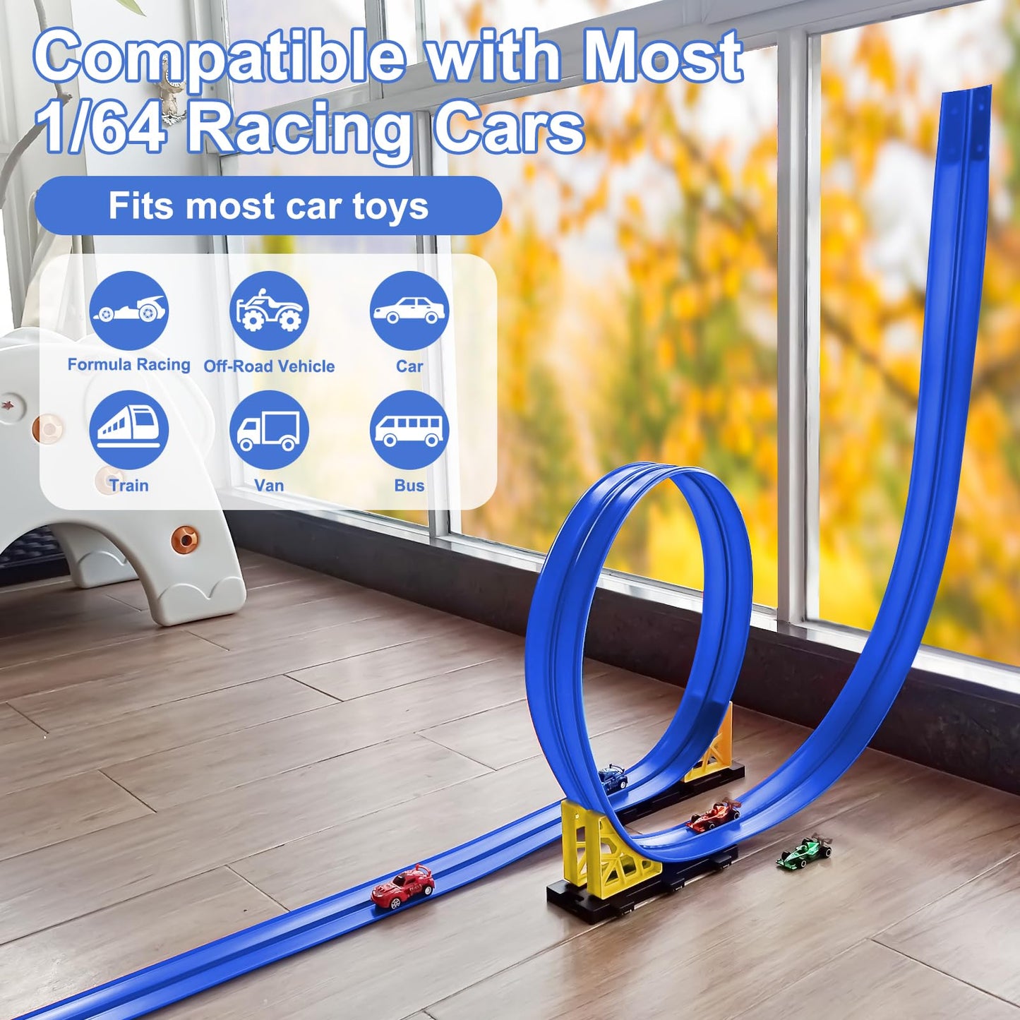 Flexible Race Car Track for Kids: 15 FT DIY Toy Car Track with Suction Cups, Roll-Up Portable Racetrack for Smooth Surfaces, Compatible with 1/64 DieCast Cars, Gift for Boys Girls Ages 3+