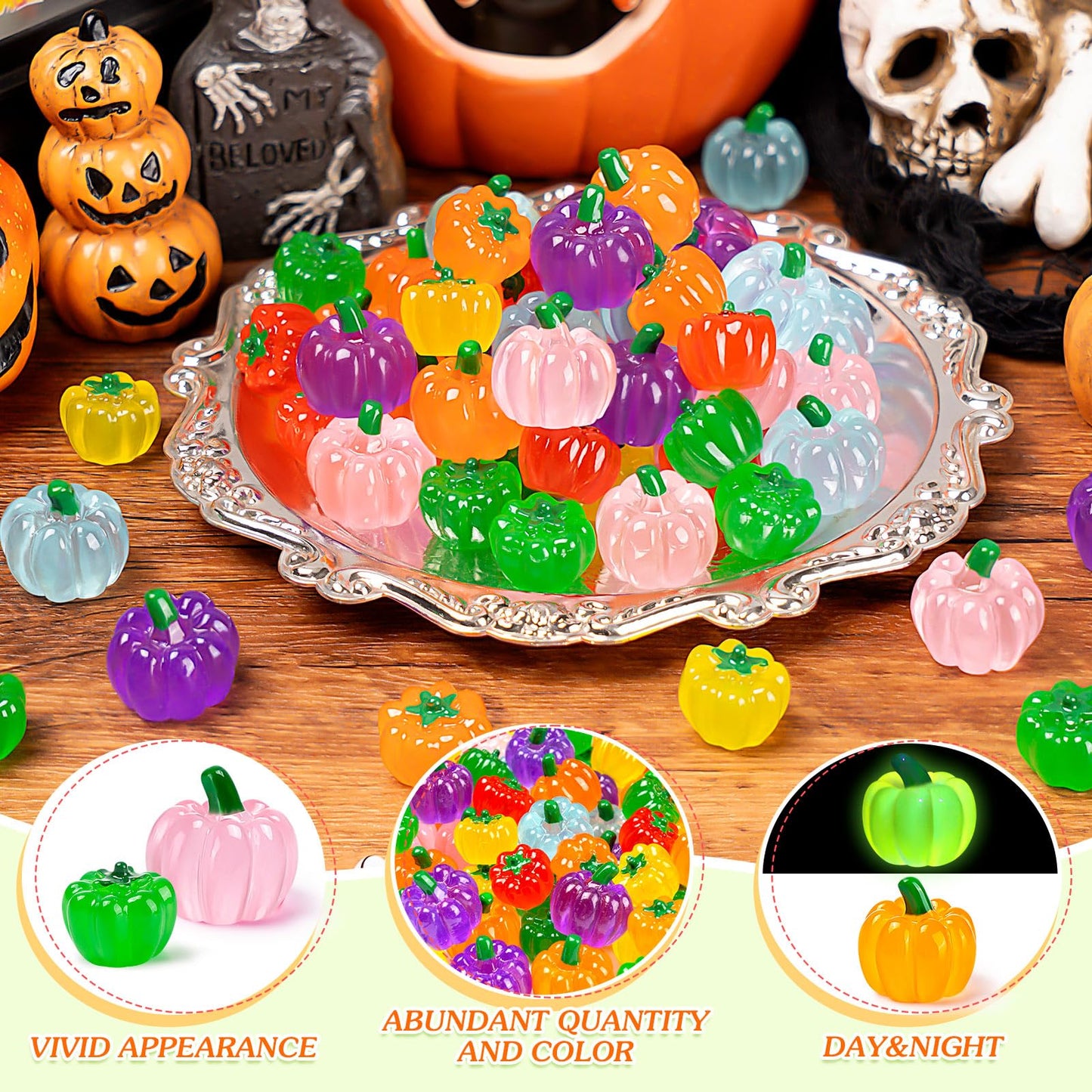 184PCS Halloween Luminous Mini Resin Pumpkins Miniature Pumpkin Figurines Glow in Dark Tiny Pumpkins Bulk for Thanksgiving Fall Halloween Party Cupcake Decor Craft DIY (Size Mixed)