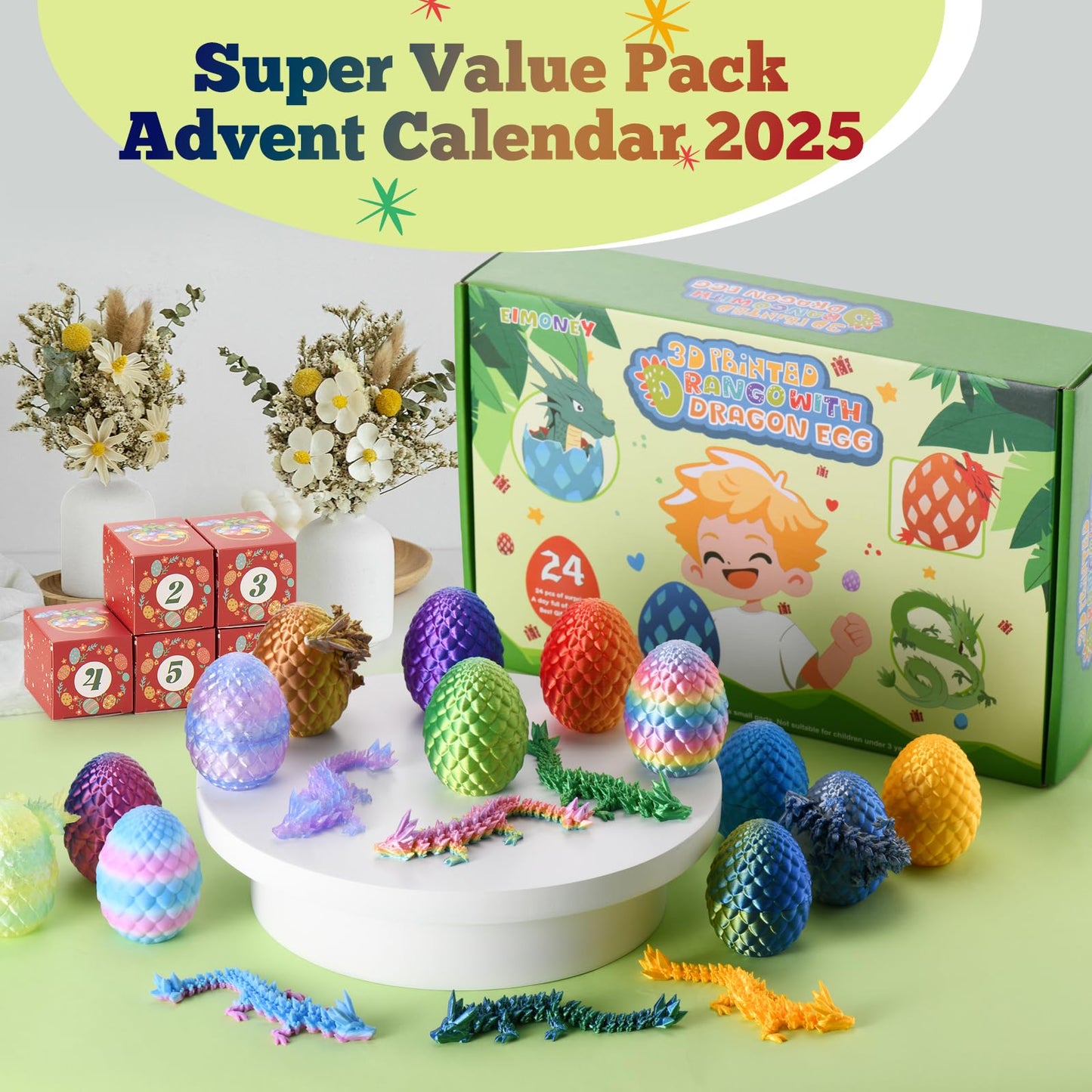 EIMONEY Advent Calendar 2026,24PCS 3D Printed Dragon Eggs with Dragon Inside,Movable Dragon Realistic Slithering Design,3D Printed Dragon Toy, for Adults and Kids(24PCS-Multicolor)