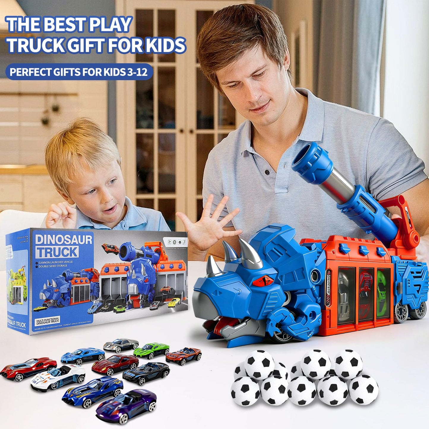 Dinosaur Truck Toys for Kids 3-12, Triceratops Car Playset with Ejection Shooting Game, Foldable Dino Truck Car Toy with 10 Mini Car, 12 EVA Soccer Ball, Storage Bay, Birthday Gift for Boys Girls