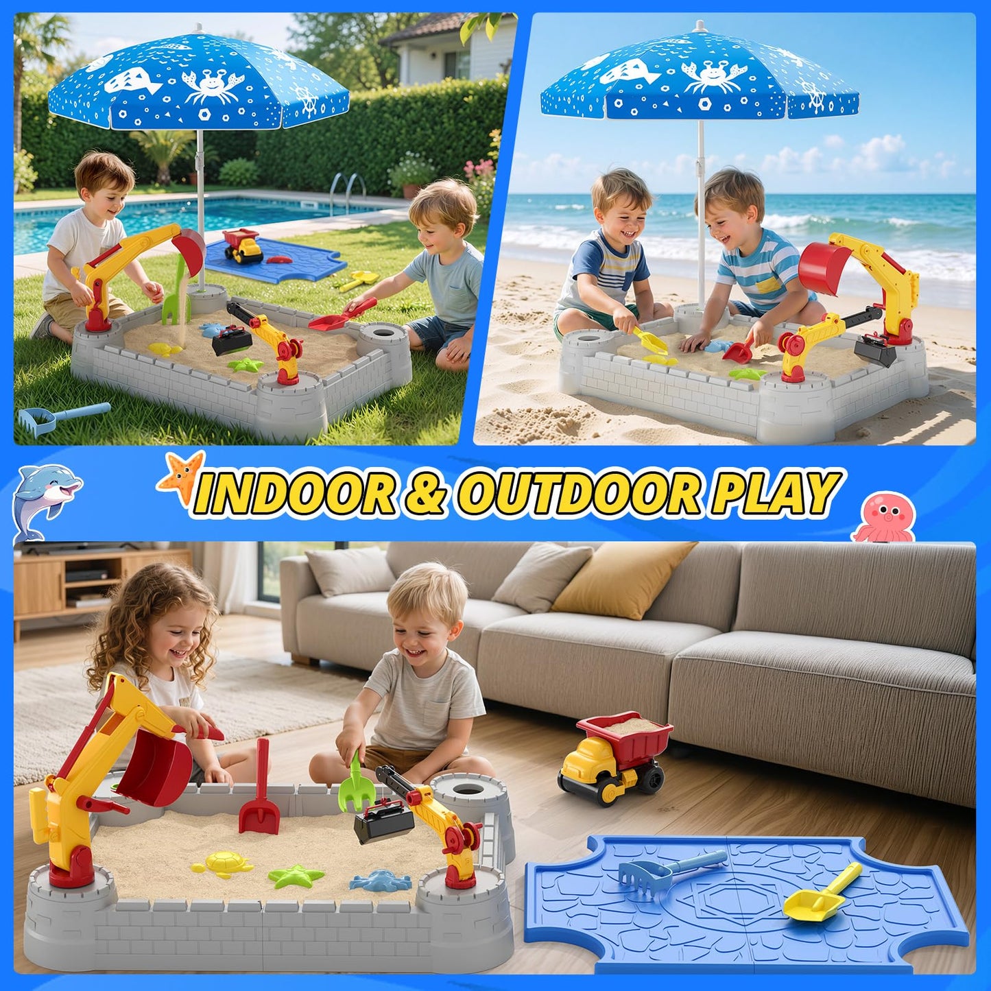 HYES Sandbox with Lid, Digger Excavator Plastic Sand Box with Cover, Play Sand Pit with Construction Toys/Umbrella/Beach Playset for Toddlers 1-3, Indoor Outdoor Sensory Gift for Kids Ages 4-8