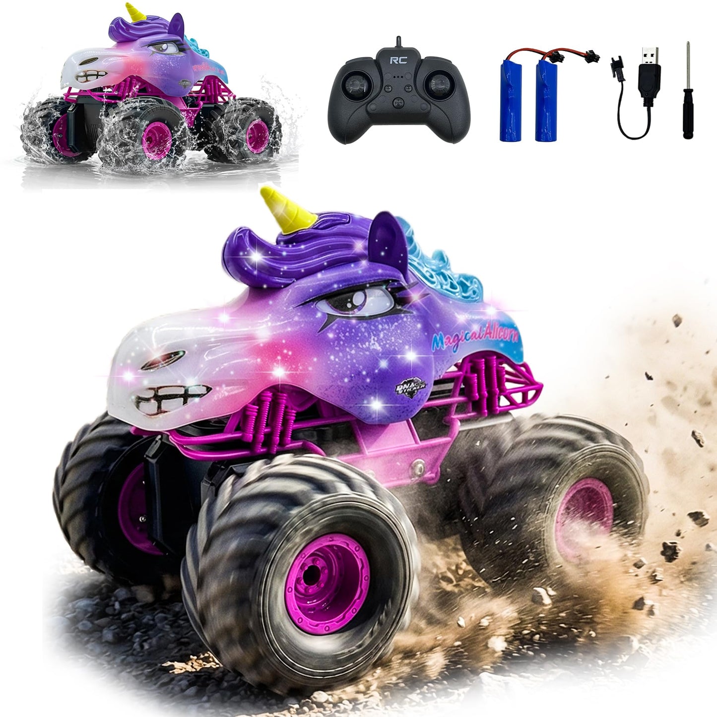 Unicorn RC Car for Girls 1:18 Amphibious Off-Road Remote Control Truck with LED Lights All-Terrain Monster Vehicle 2.4GHz High Speed Crawler Hobby Toy with 2 Batteries Birthday Gift Toys for Kids 6-12