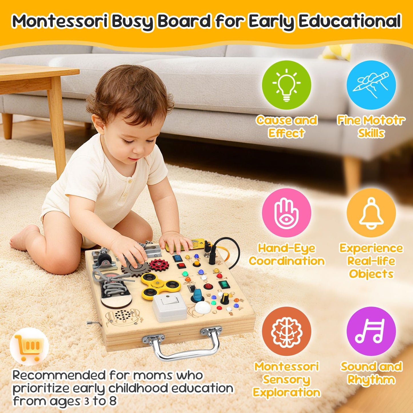 Wooden Busy Board with LED Light Montessori Baby Learning Toys for Toddlers , Sensory Activity Board, Travel Educational Toys, Boy & Girl Birthday Gift (Silver Handle)