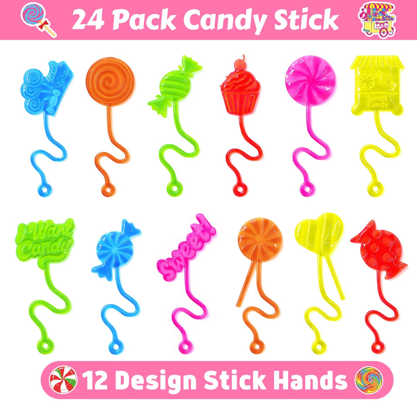 48PCS Candy Land Party Favors - 24PCS Temporary Tattoos & 24PCS Stick Hands Party - Perfect Birthday Party Supplies, Goodie Bag Stuffers, Treasure Box Toys, Classroom Prizes, and Student Gifts