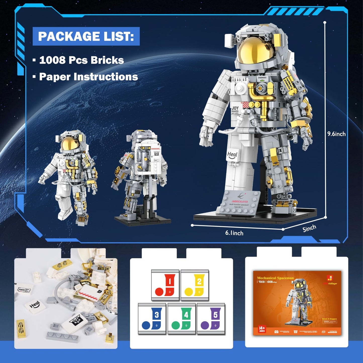 JMBricklayer Space Astronaut Building Block Sets for Adults, 1008 PCS Spaceman Toys with Display Stand, STEM Science Toy 70131, Home or Office Decor, Cool Collectible Gifts for Kids 8-14 Boys Girls