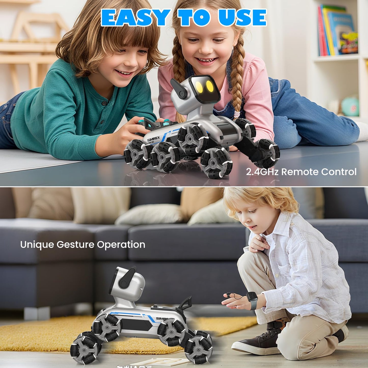 SIMREX Robot Dog RC Stunt Car Toys - Gesture Sensing Remote Control car with Mecanum Wheels, LED Eyes, 3 Sound Effects, Birthday Gift for Kids Boys Girls