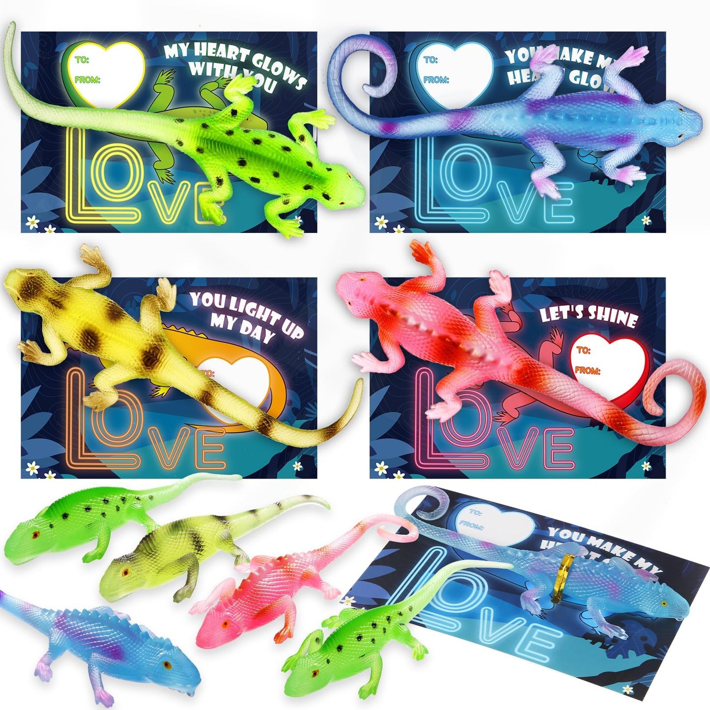 AuroTops Valentines Day Cards for Kids, 24 Pack Glow in The Dark Lizards with Valentine's Cards, Stretch Toy for Valentine Party Favors for Boys & Girls, Kids Exchange Valentine's Gifts