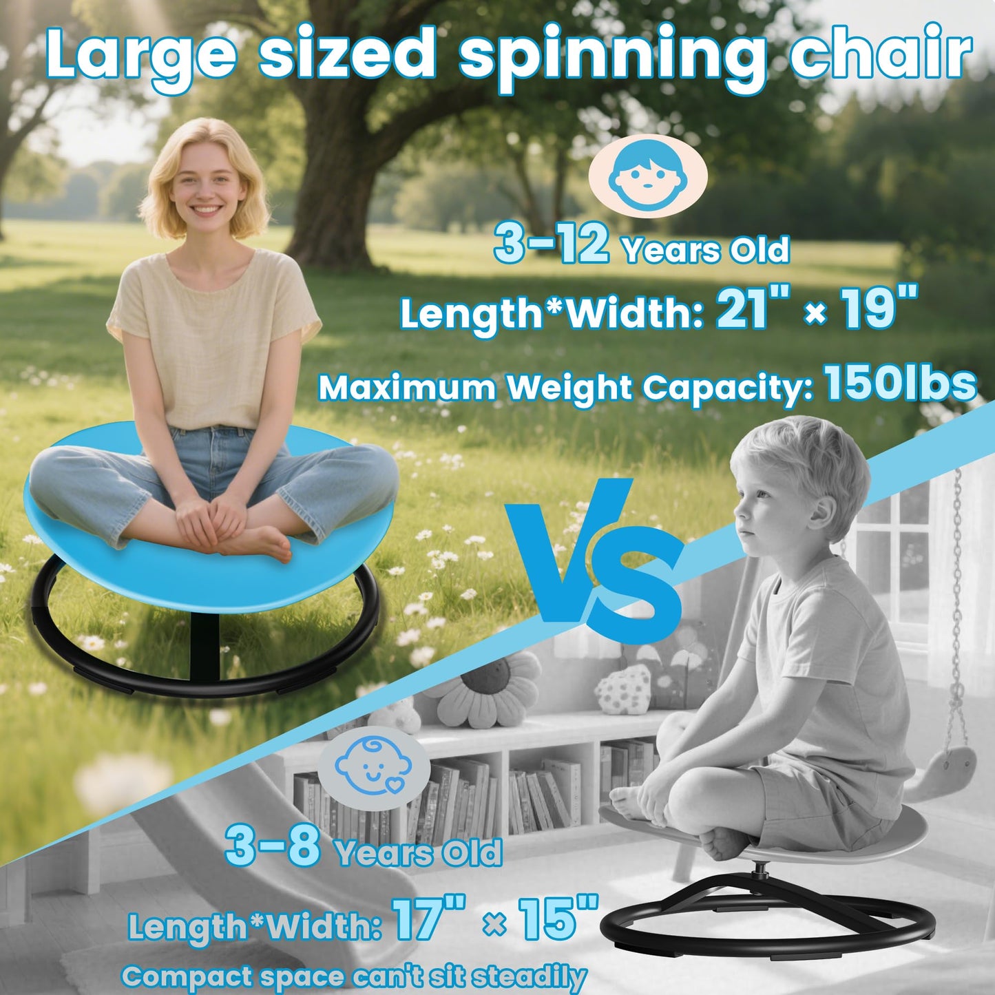 Pterying 21" L × 19" W Large Size Spinning Chair for Autistic Kids, Autism Sensory Products, Sensory Toys Gifts for Kids with Autism & ADHD, Outdoor Toys for Kids Ages 4-8, Azure Rounded Shape