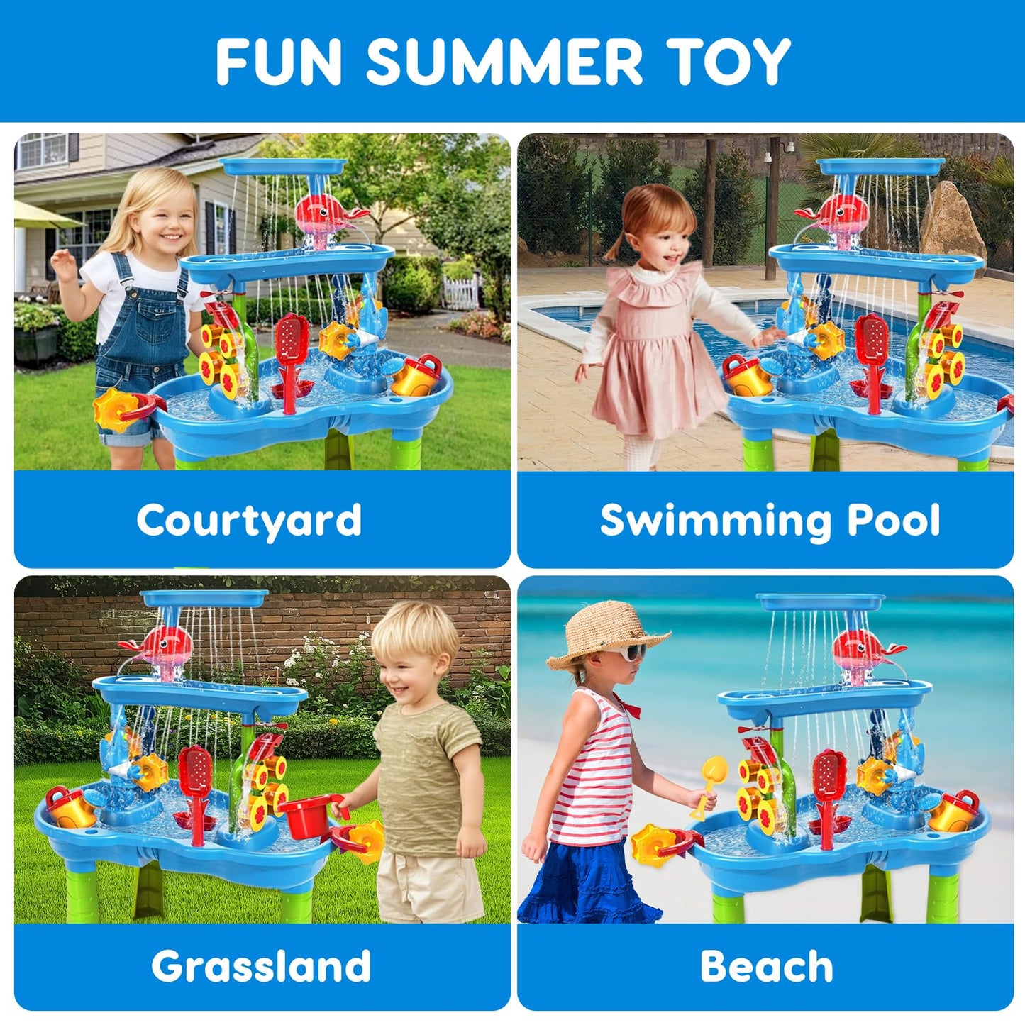 zefinot 3-Tier Water Table for Toddlers 1-3, Kids Water Play Table with Waterfall, Spinning Wheels and Splash Accessories for Outdoor Backyard Summer Fun