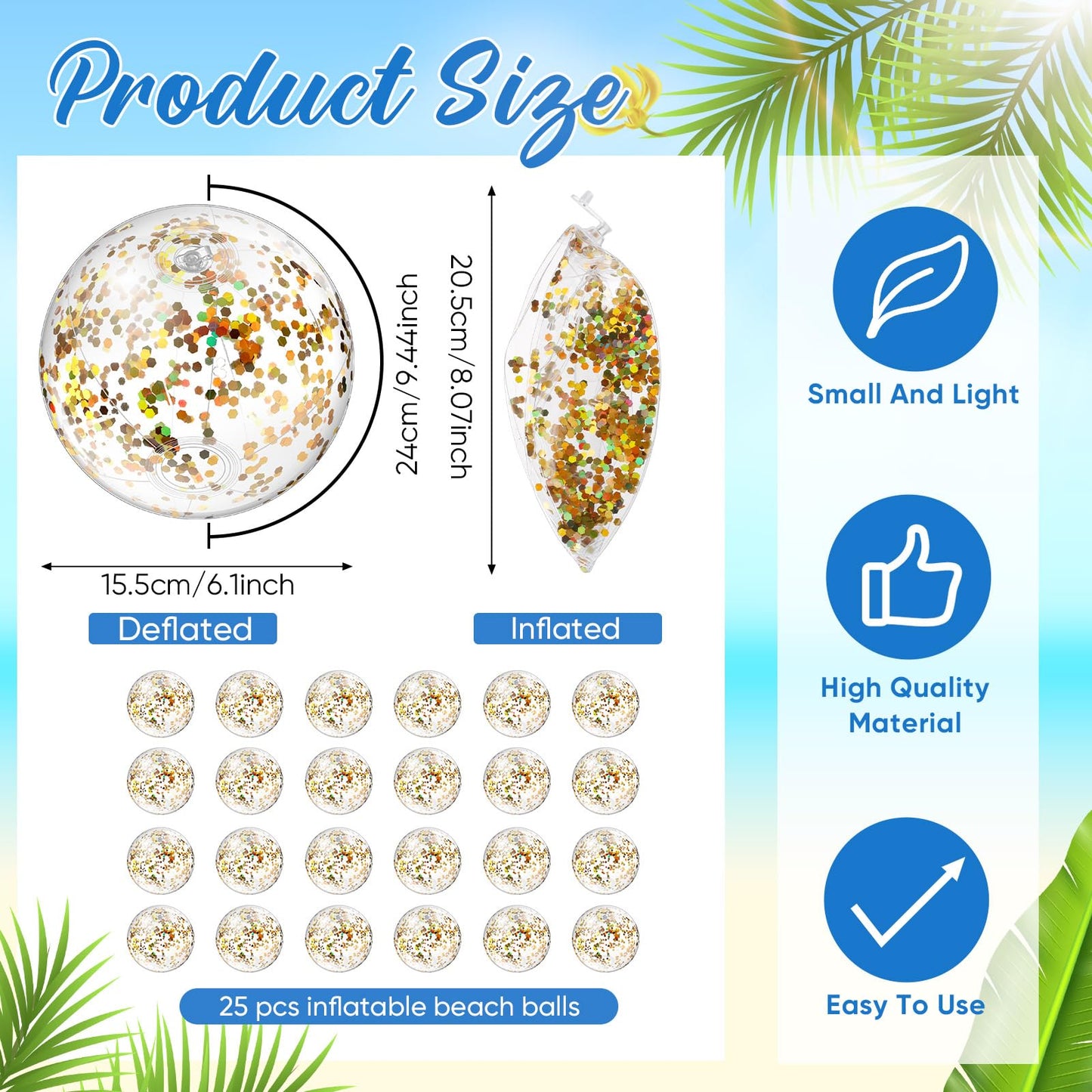 Hungdao 25 Pcs Inflatable Glitter Beach Ball 8 Inches Mini Clear Floatable Confetti Ball for Kids Bulk Swimming Pool Theme Party Toy for Hawaiian Theme Party Decorations Favors Supplies(Gold)