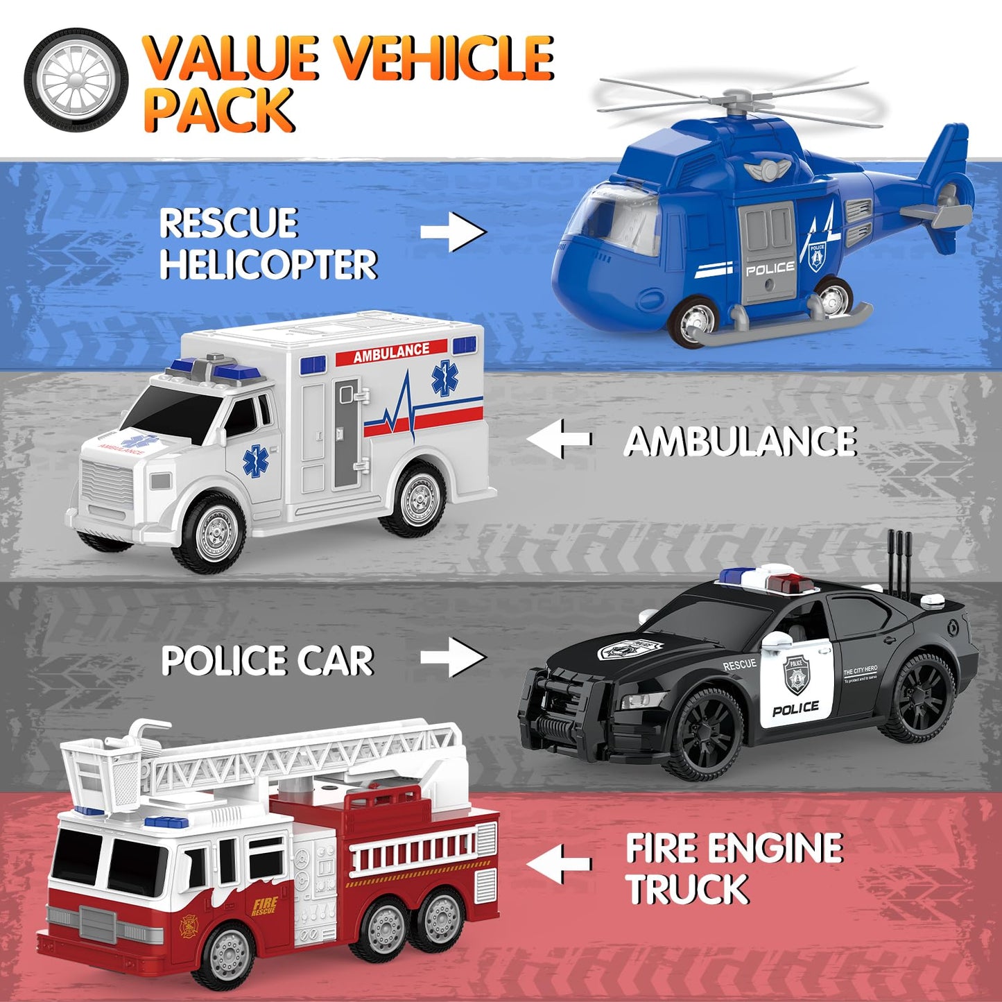 COVTOY 4 Pack Emergency Vehicles with Lights & Siren Sounds - Fire Truck, Ambulance, Police Car & Helicopter - Friction Powered Toys for Boys 3-6