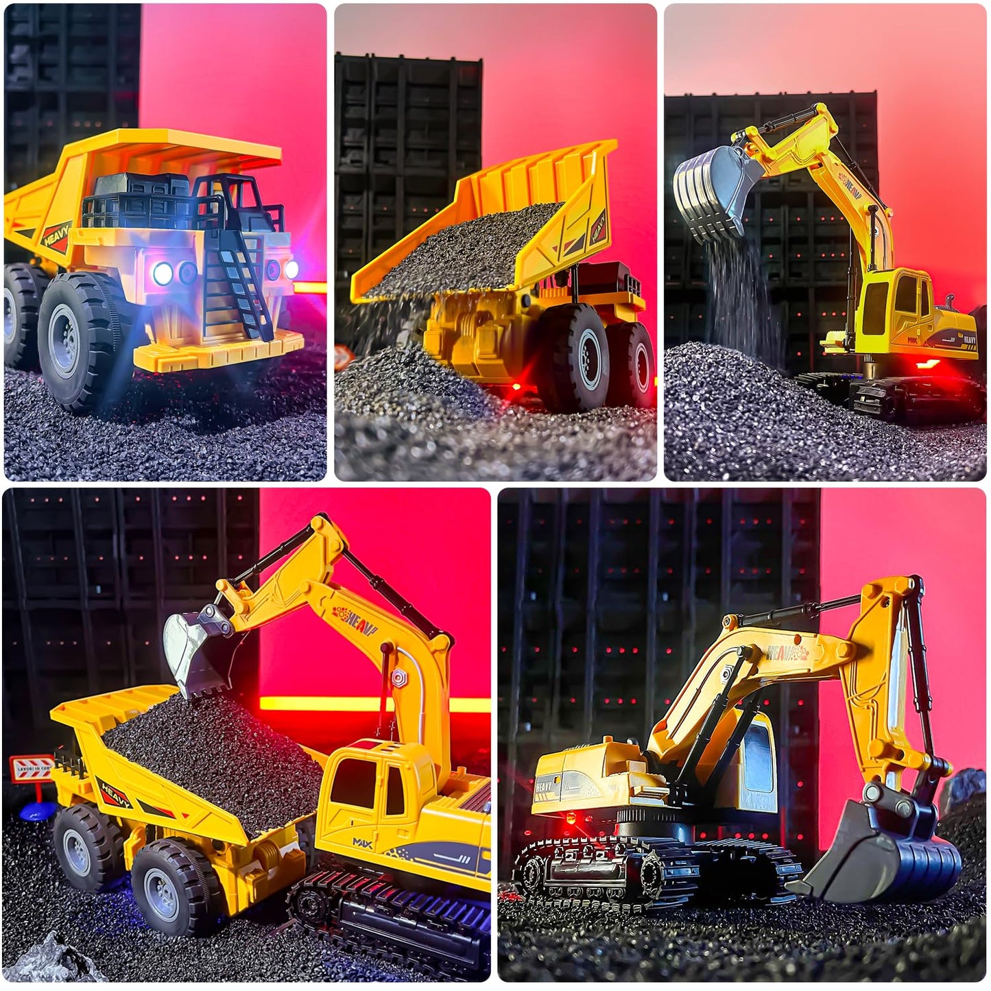 QuirkyGlee RC Excavator and Dump Truck Toy Set for Kids - 11 Channel Remote Control Construction Vehicle with Lights and Sounds, Music, 2.4Ghz Rechargable Digger Car, Gifts for Boys Kids Ages 6-8