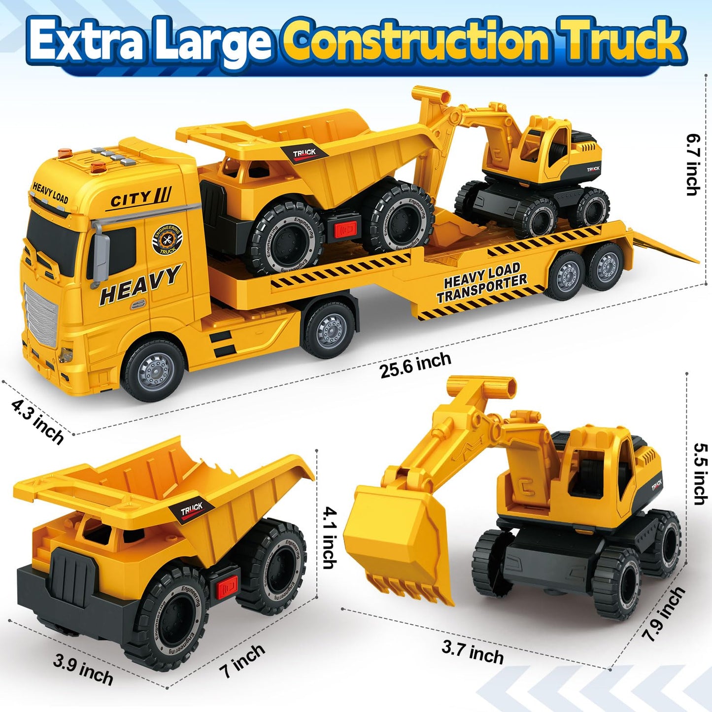 Bstoyder Toddler Boy Toys for 3 4 5 6 7 Years Kids, 25" Semi Construction Carrier Truck Toy with Excavator and Dump Truck, Friction Powered Toys with Lights and Sounds, Birthday for Boy Girls