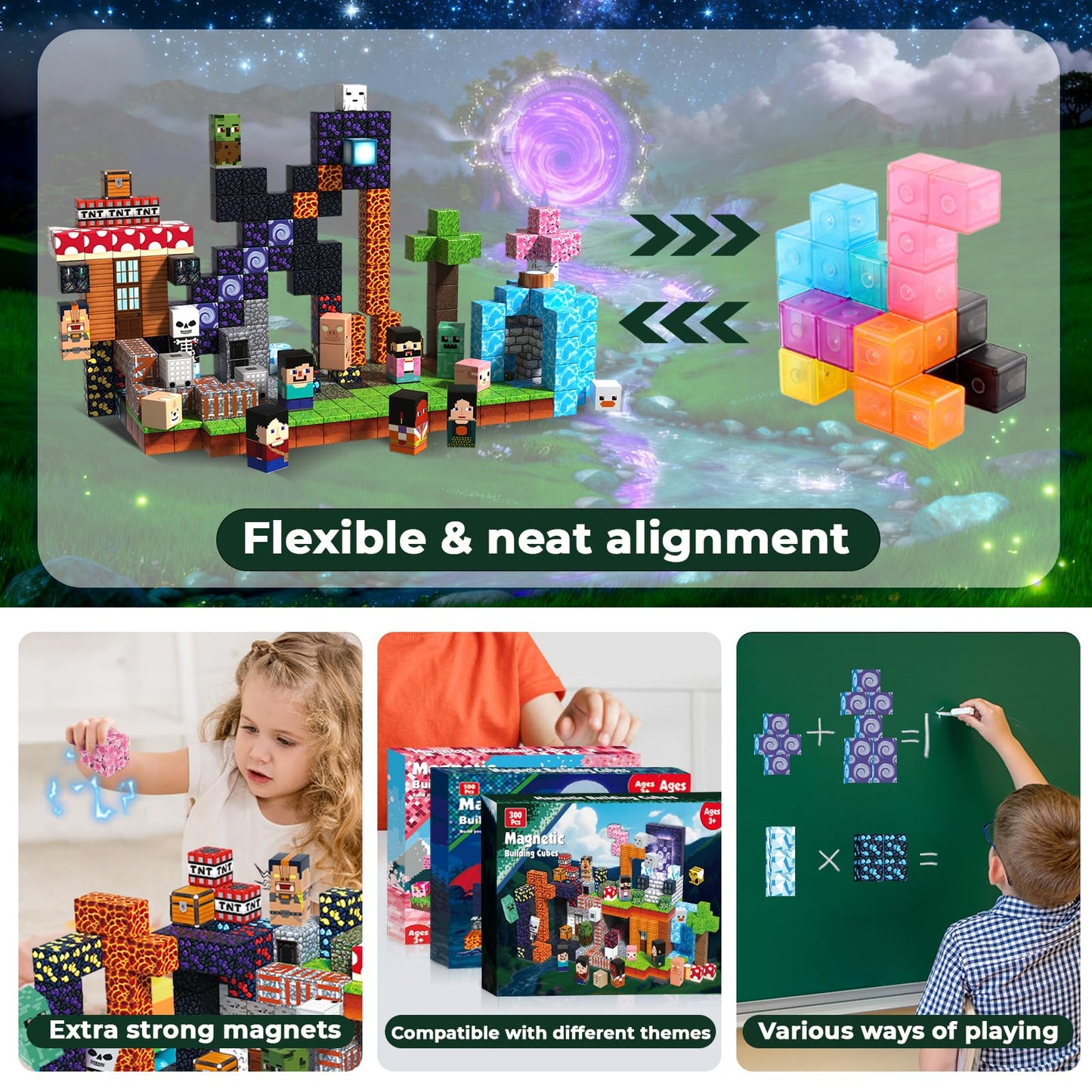 300PCS Magnetic Blocks - Magnetic Building Blocks Cubes Adventurer, Magnet Toys for Kids Age 3+, Toy Building Set for Kids, Magnets Stacking Construction Birthday Gifts for Boys Girls Age 4-8, 8-12