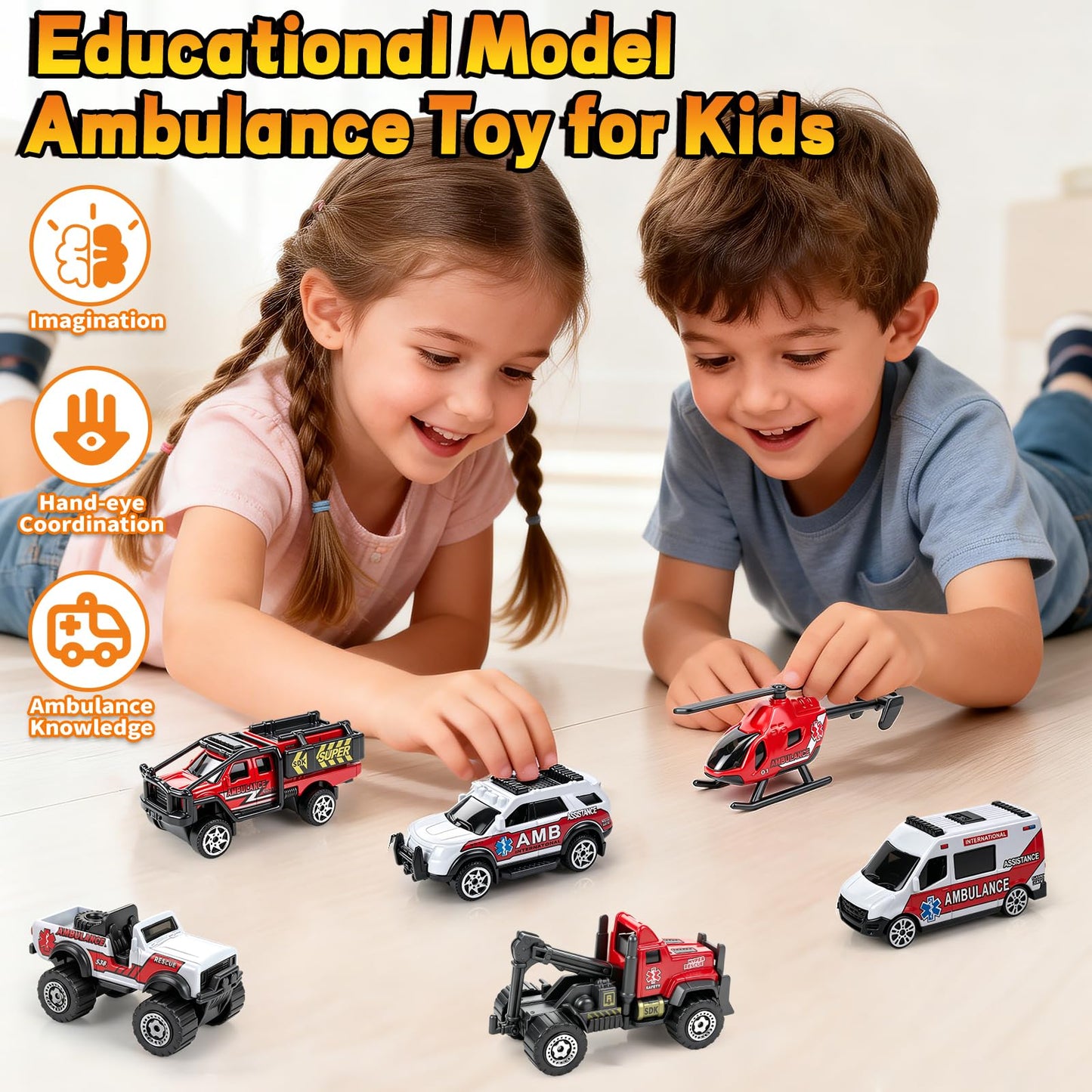 6 Pack Diecast Ambulance Toy, Mini Alloy City Rescue Emergency Vehicle Toys Playset Helicopter Toy Trucks for Boys Age 4-7 8 9 Years Old, Car Toys for Kids Toddlers Party Favors & Birthday Gift
