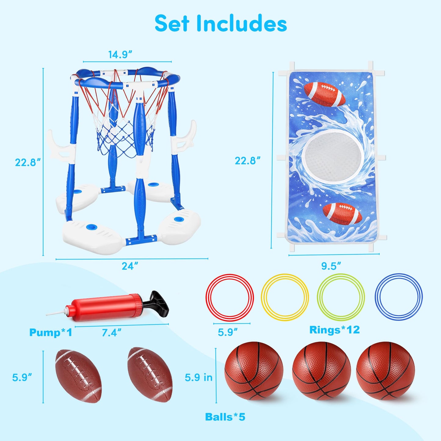 PJG Pool Basketball Hoop, 3-in-1 Floating Poolside Basketball Ring Game Football for Kids Ages 3-12, Outdoor Summer Swimming Pool Party Water Toy for Family Adults Boys Grils Birthday Gift (Blue)