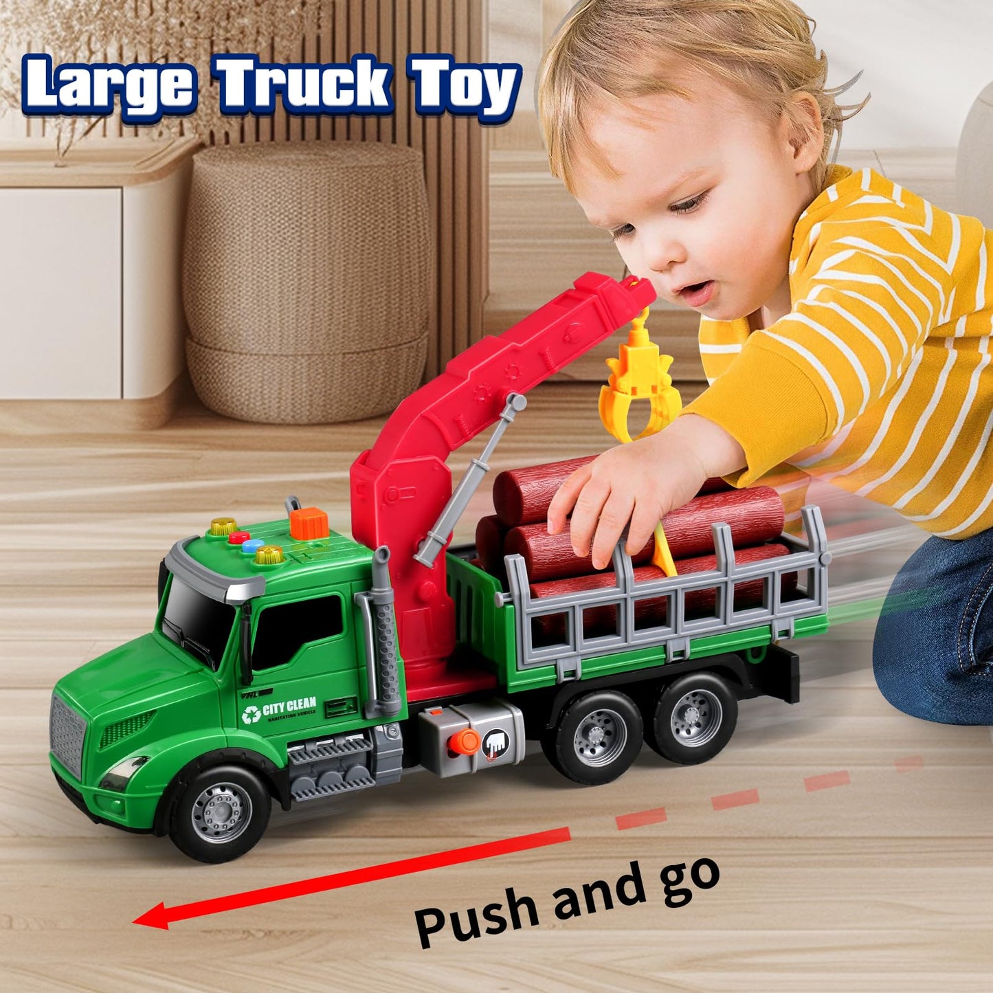 DWIRCTOYS Kids Toys for 3 4 5 6 Year Old Boys,Farm Logging Truck Toy with Loading Crane and 6 Trunks, Lights&Sounds,Friction Powered Truck Kids Birthday Gifts for Boys Girls