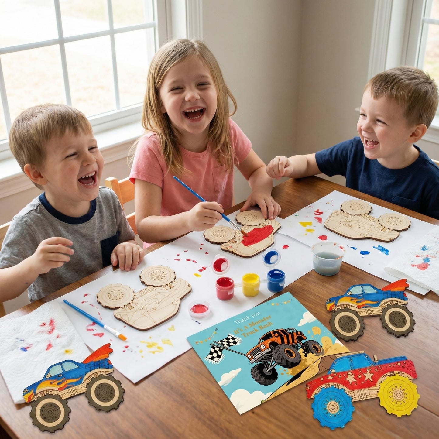 WORGO 24 PCS Monster Truck Party Favors, DIY Painting Kits with 6 Unique Wooden Trucks, Crafts for Kids Ages 4-8 Birthday Party Interactive Game and Goodie Bag Fillers