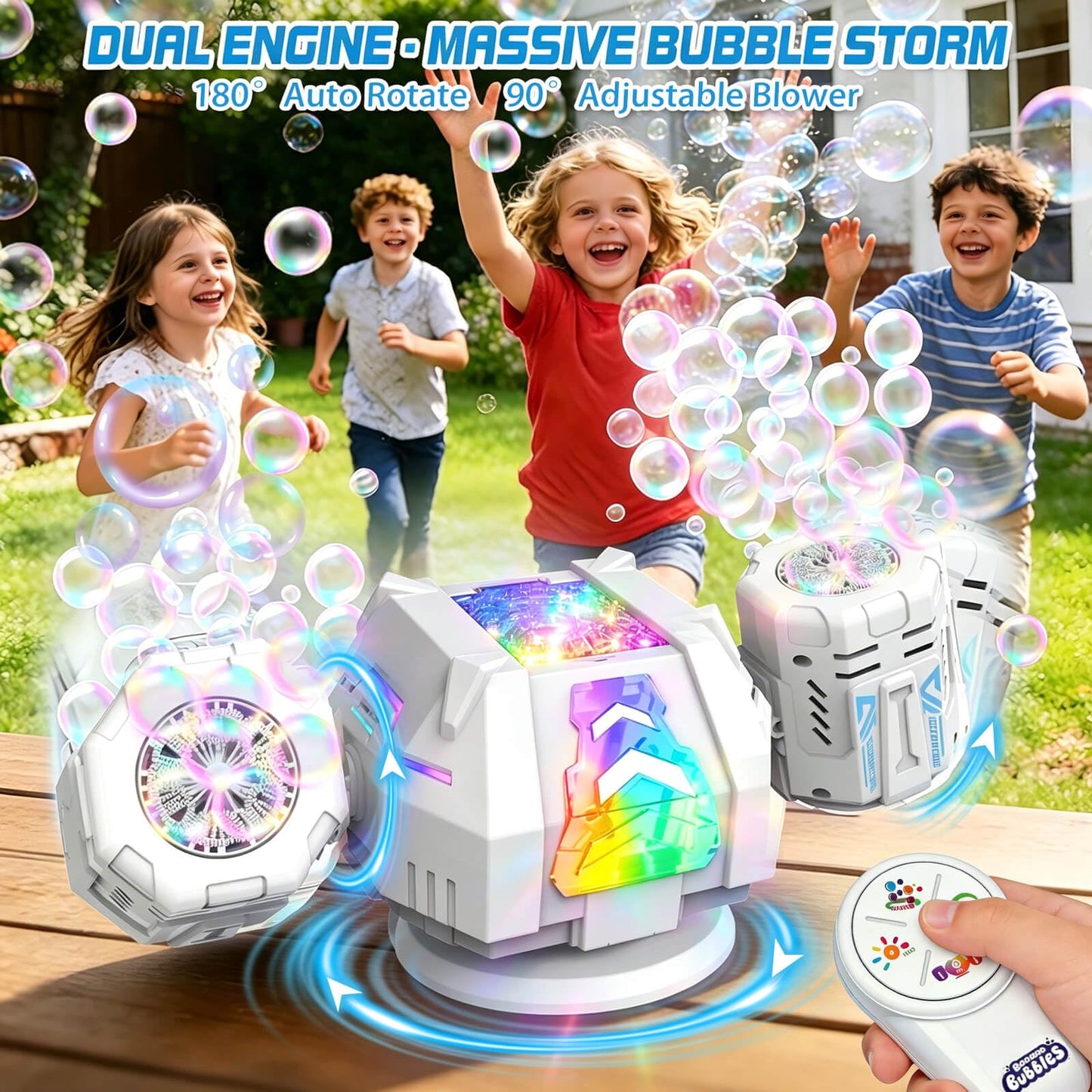Dolanus Bubble Machine - Rechargeable, RGB, Rotation & Remote Control - Bubbles for Kids Toddlers 1-3 - Outdoor Outside Backyard Summer Toys for Ages 2 3 4 5 Year Old- Birthday Party Wedding Gifts
