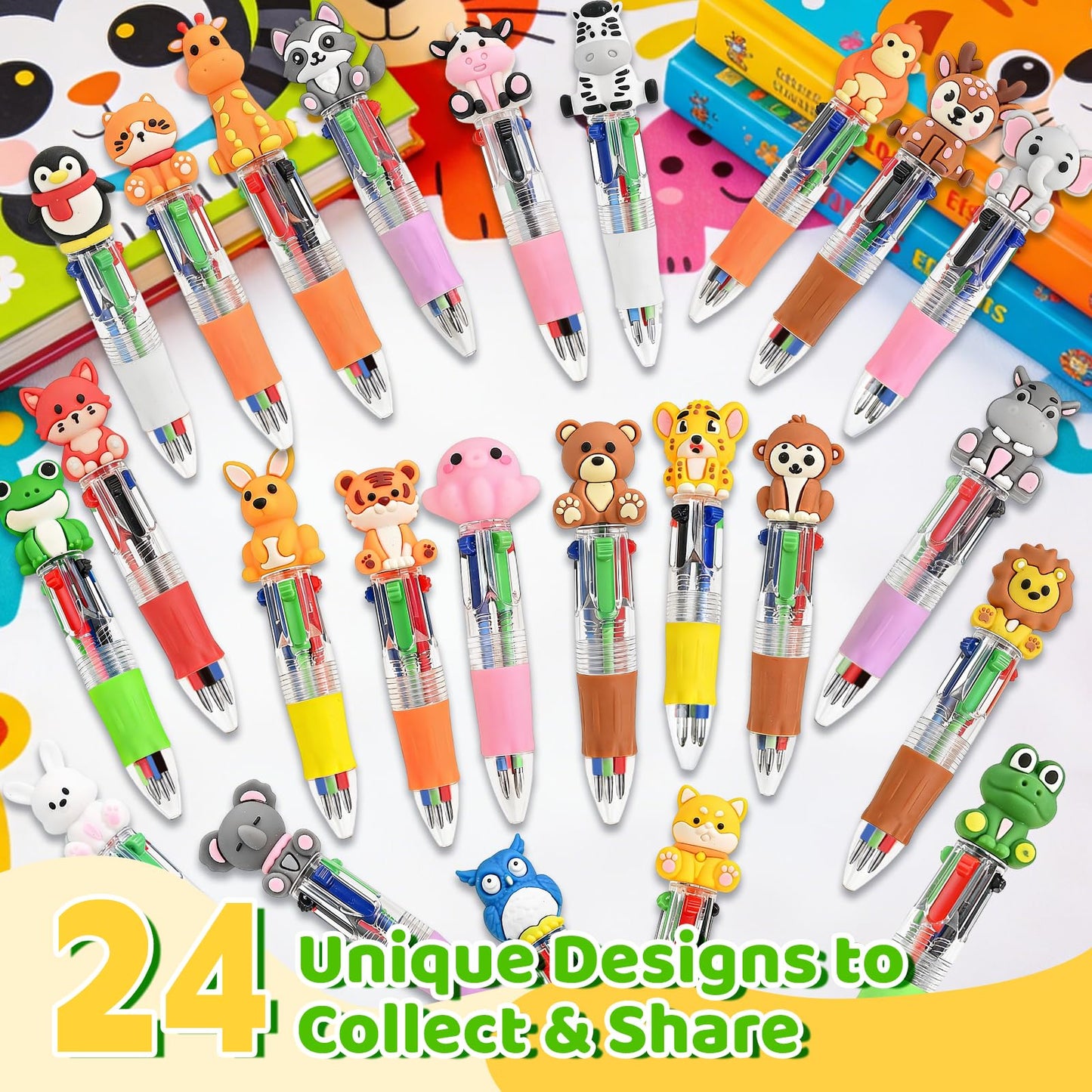 Zhirlyn Animal Party Favors Animal Pens Multicolor Pen in One Cute Fun 4-in-1 Pens Bulk Cool Ballpoint Pens for Birthday Gifts Teacher Supplies (Animal, 48)