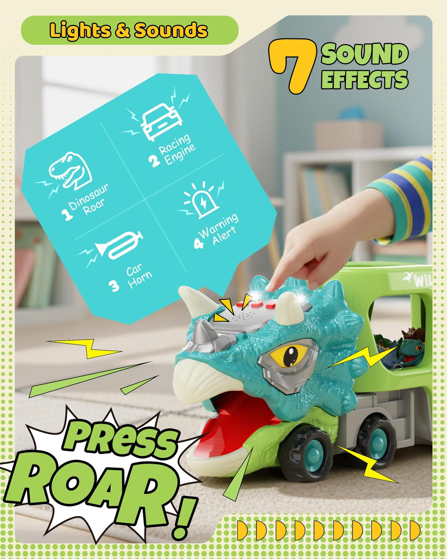 LADFAR Dinosaur Toys for Kids 3-5, Toddler Boy Toys, Dinosaur Carrier Truck with 8 Pull Back Cars, Transport Carrier Truck for Toddlers, Birthday Gifts with Music & Lights for 2 3 4 5+ Year Old Boys