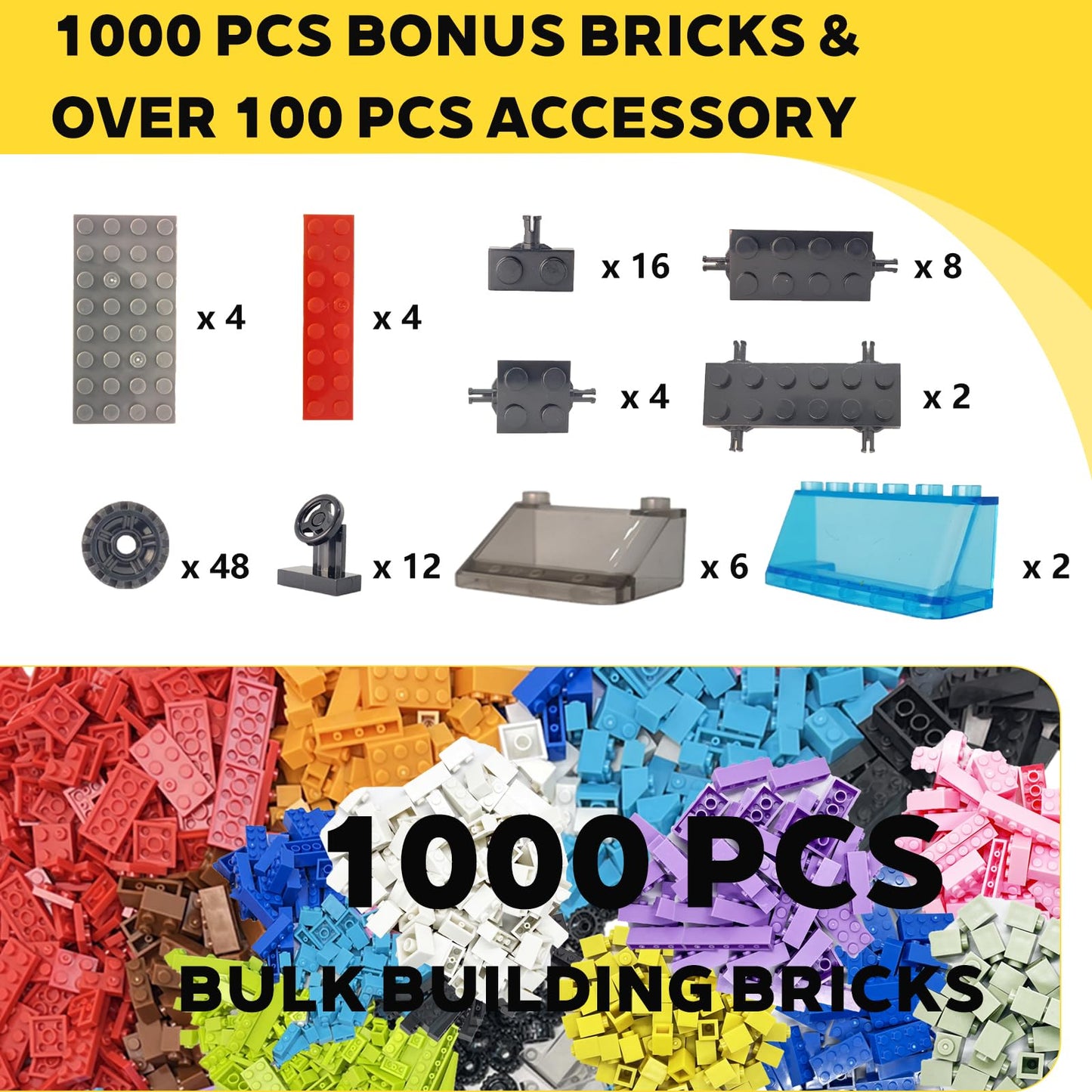 Jodicody 1100 Pieces Building Bricks, Classic Bulk Building Blocks for Kids with Wheels and Axles Sets, Steering Wheels, Windshield, Compatible with All Major Brands, Gifts for Boys Girls Age 6+