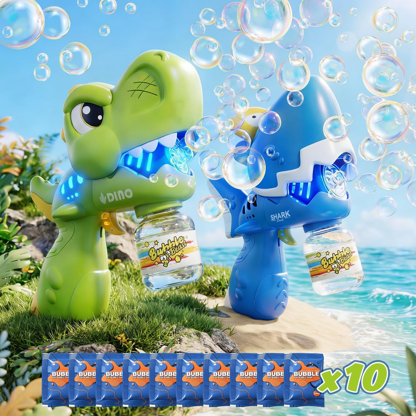 Bubble Guns for Toddlers 1-3, 2 Pack Movable Mouth Dino & Shark Bubble Machine Toys, Chomping Action Automatic Bubble Blaster w/LED Lights & 10 Refills, Rechargeable Outdoor Party Gifts for Ages 3-8
