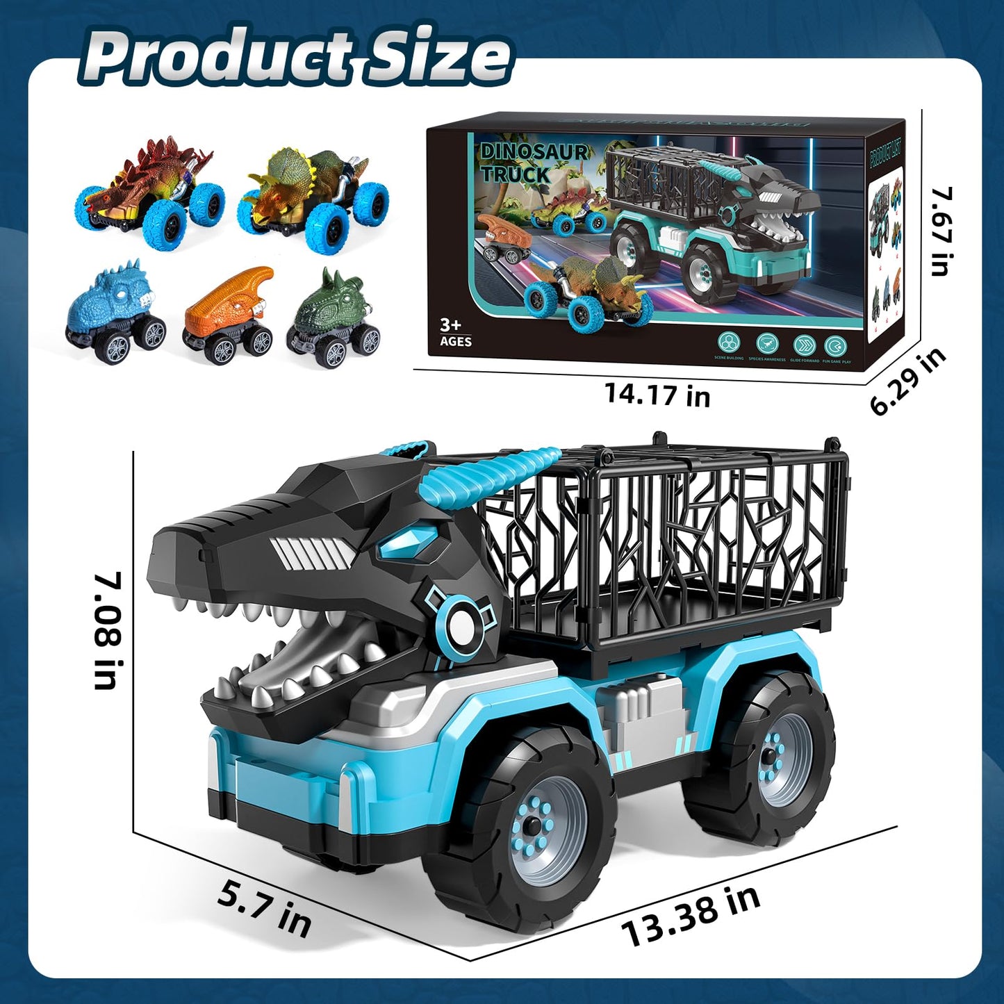 Guminnara Toddler Robot Dinosaur Truck Toys for Kids Boys Ages 3-5 5-7, Black Carrier Dinosaur Truck with 5 Pull Back Dino Cars, 3 4 5 6 7 Years Old Boys Girls Birthday