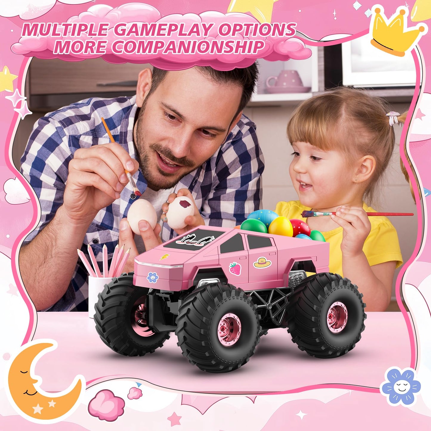 iDrone Remote Control Car Cyber RC Truck Toy, 1:16 2.4GHz 4WD Off-Road Amphibious Waterproof Monster Truck for All Terrain, Kids Birthday Gifts for Boys Girls Age 6 7 8 9 10 11 12 Year Olds (Pink)