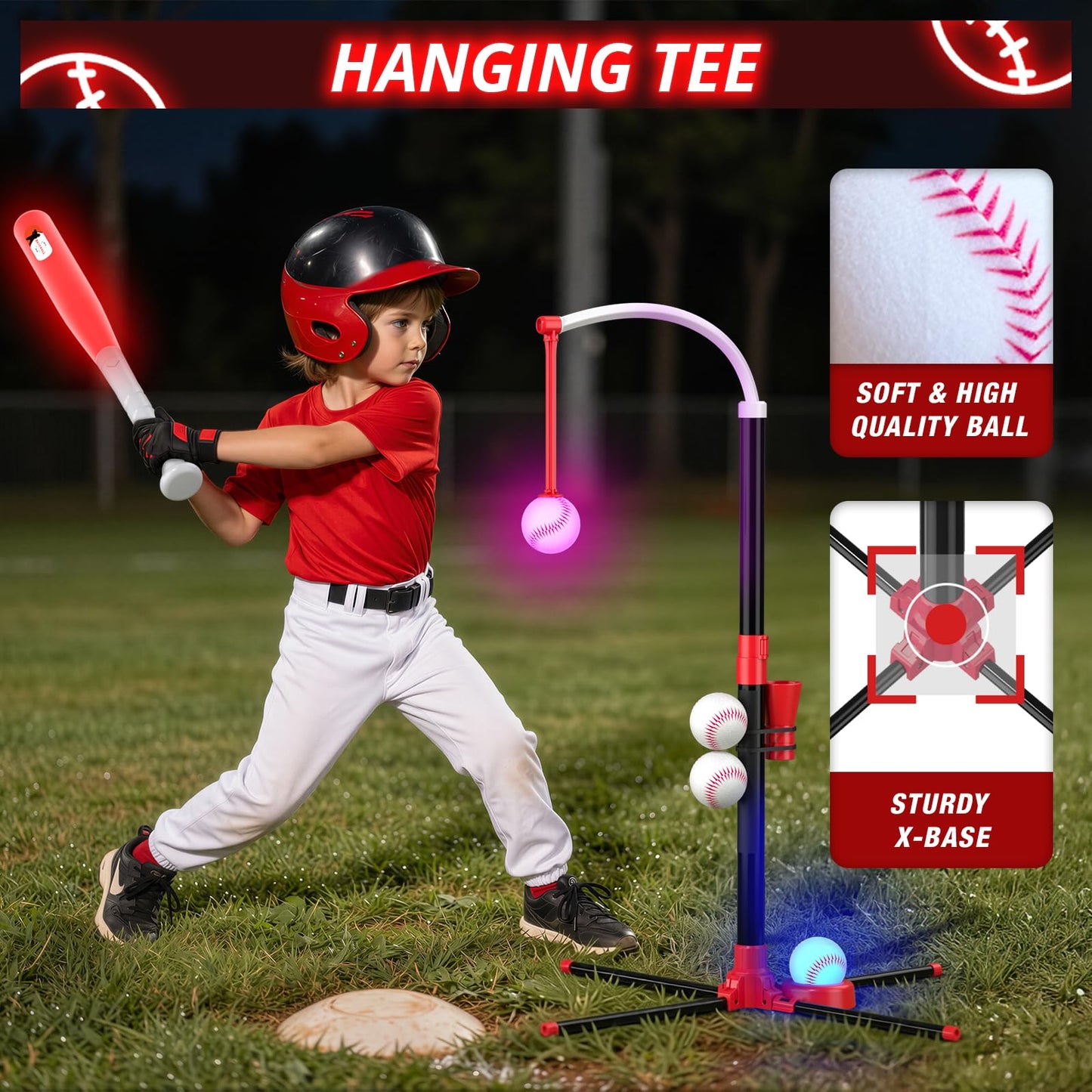 Wee Wonders 3-in-1 LED T Ball Set for Kids, Adjustable Height, Hanging Tee Ball Set with Baseball Launcher/4 Softballs/Light Up Bat, TBall Stand Sport Toys, Baseball Gifts for Boys Girls Age 3-5