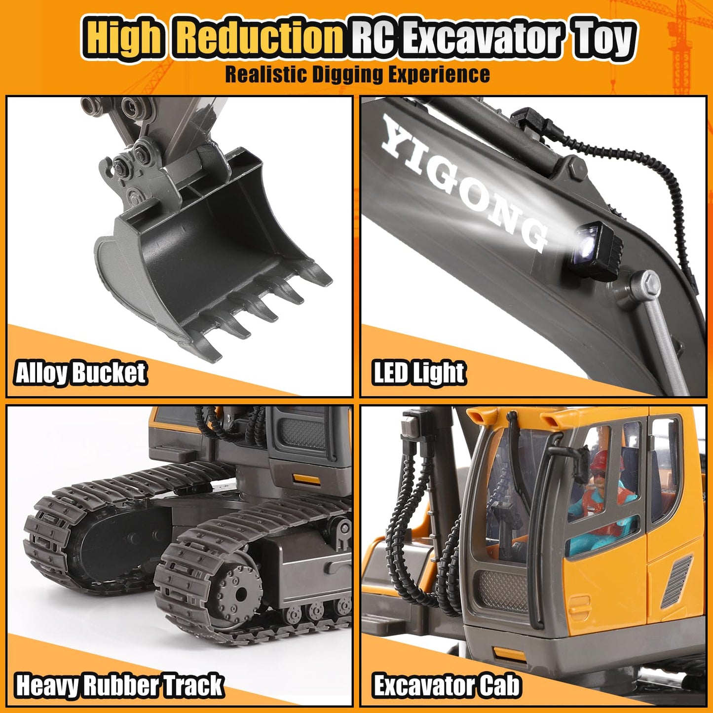 LUDILO Remote Control Excavator Toys for 6 7 8 Year Old Boys Gifts, 11CH 2400mAh 2.4GHz Cars RC Excavator Construction Toy Truck Digger Metal Shovel Sound Light, Kids Boys Toys Age 6-8 Birthday Gift