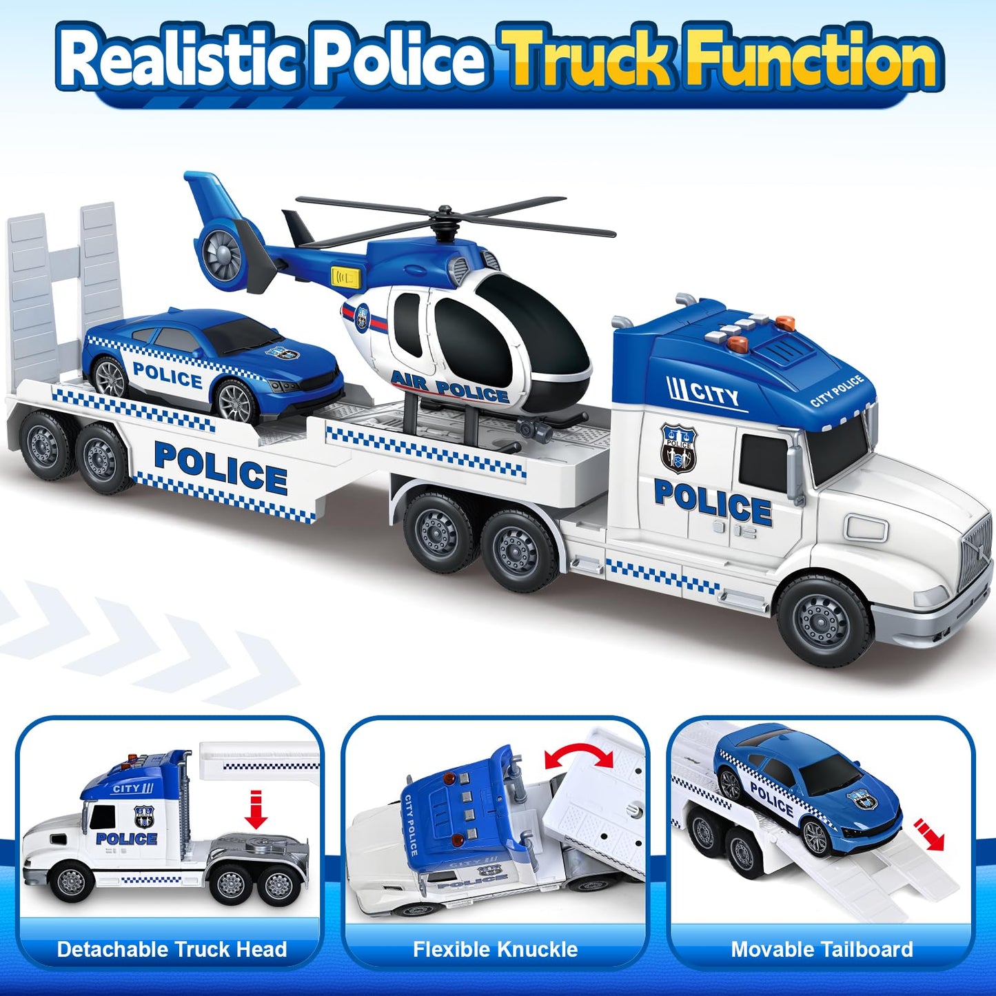 SpringFlower 3 4 5 Boy Toddlers Toys, Extra Large Police Truck Toys with Racing Car and Helicopter, 3 in 1 Police Car Toy Birthday Gifts for 3 4 5 6 Year Old Boys Toddlers Girls
