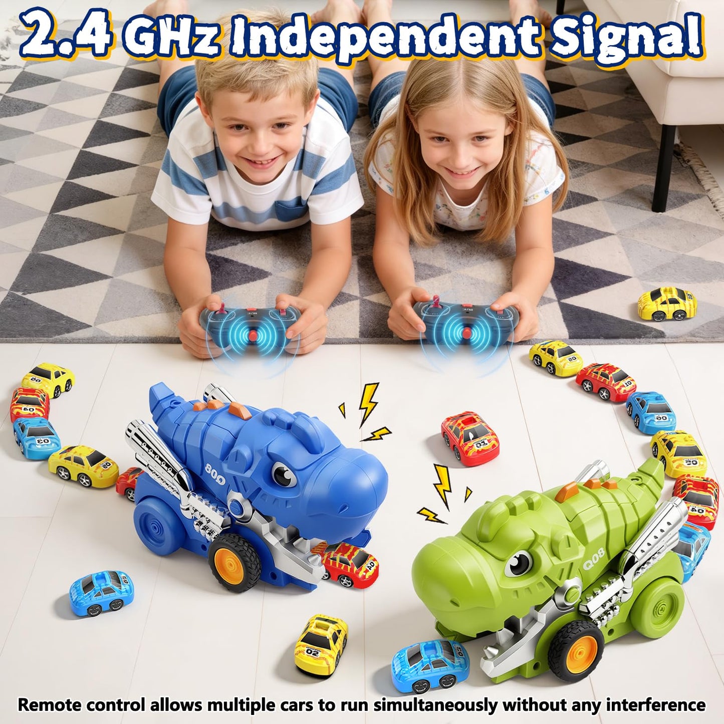 Intoypad Dinosaur Remote Control Car Toys for Kids, 2.4GHz RC Dino Eating Car Toy with 6 Magnetic Cars & Music Dino Truck Birthday Gifts Toys for 3 4 5 6 7 8 9 10 11 12 Year Old Boys Girls (Blue)